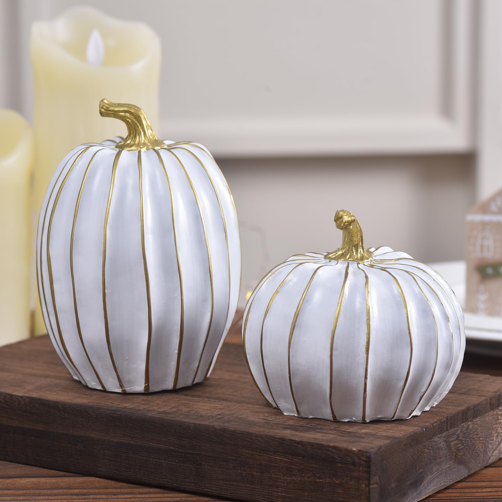 KIWDZFU  Fall Pumpkin Decor Set Two Piece White and Gold Resin Pumpkins for Home Thanksgiving Table Centerpiece Halloween Decorations