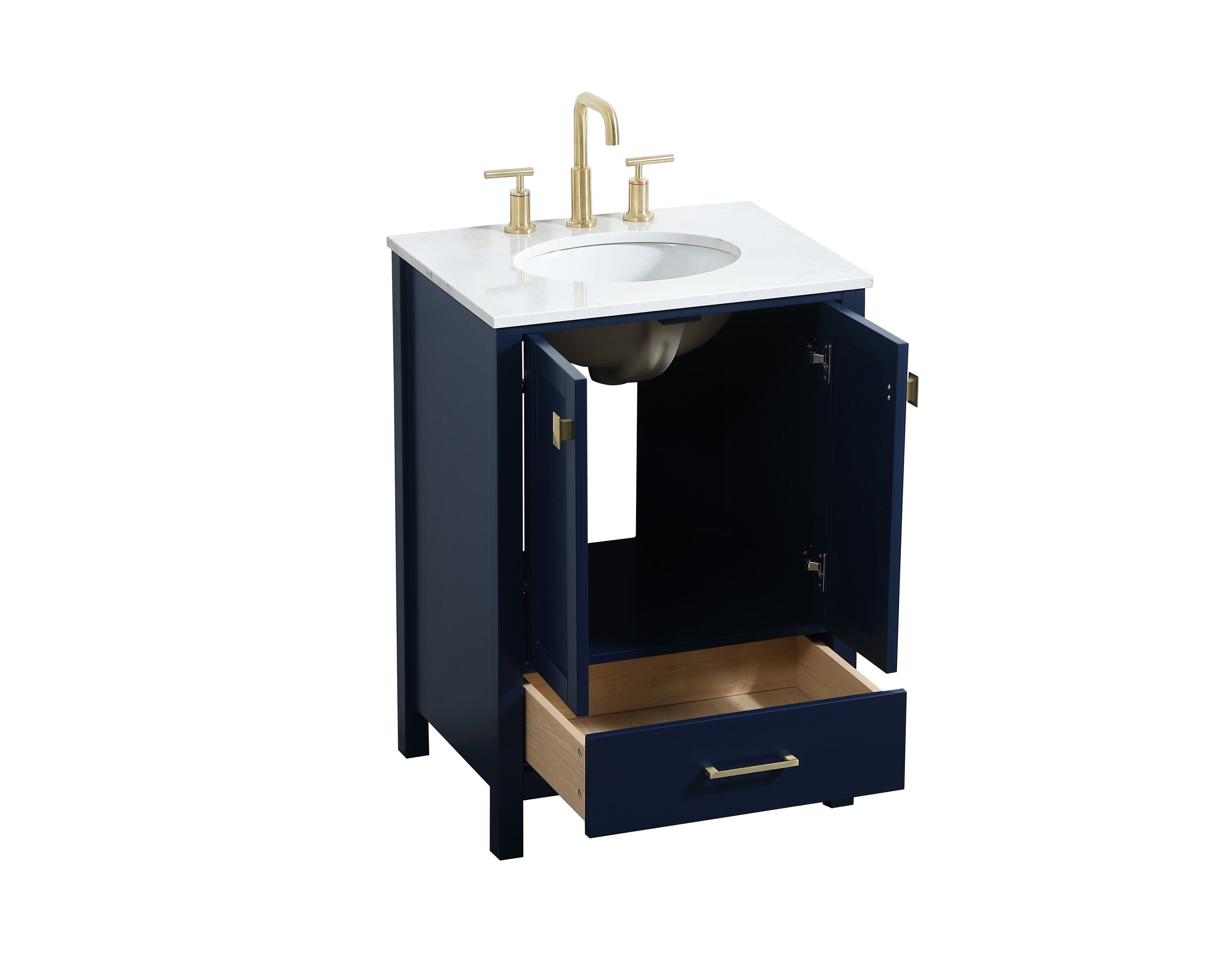 Blue MDF Single Bathroom Vanity with Gold Pulls and Quartz Top