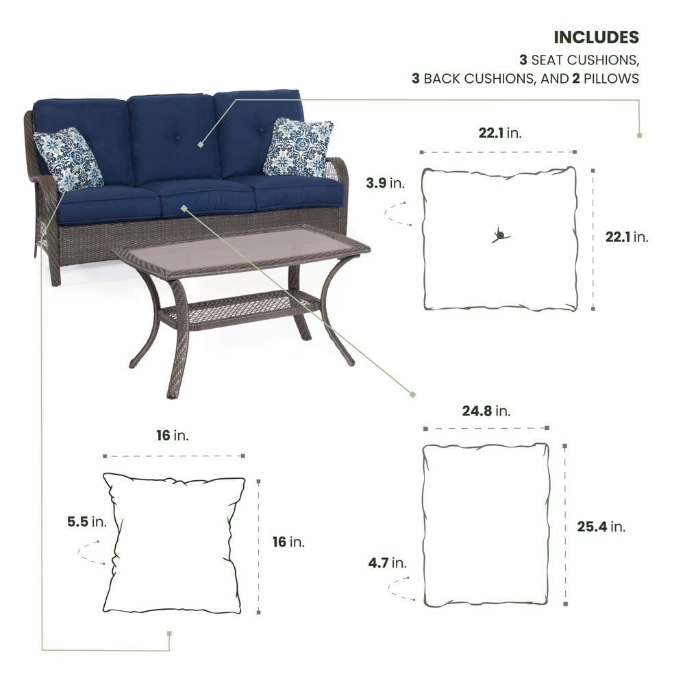 Hanover ORLSOFACUSH-NVY 25.4-in x 24.8-in 8 -Piece Navy Patio sofa cushion