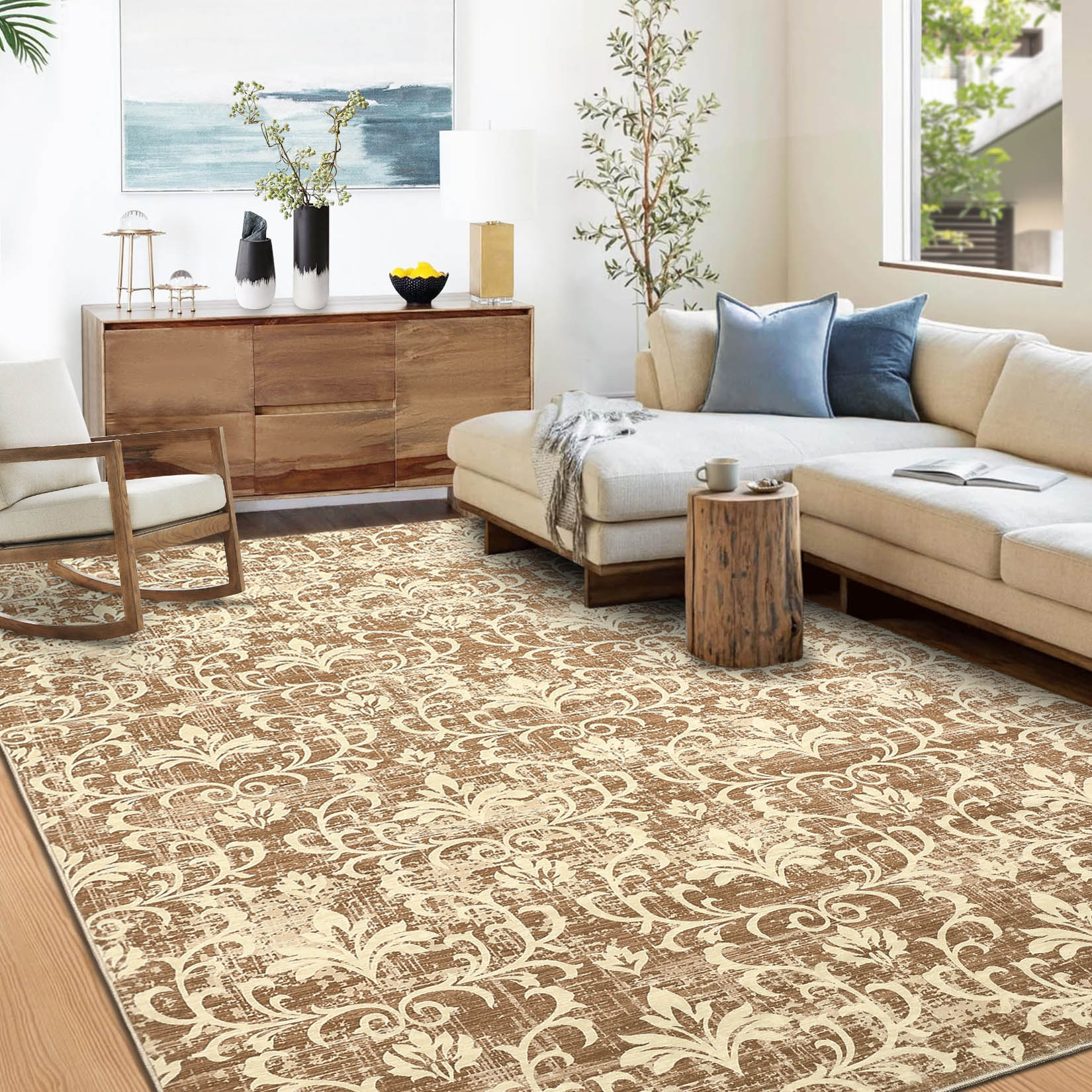 Garvee YXY-LO-PHO-15AYZETZ 8 x 10 (ft) Loomed Polyester khaki Rectangular Indoor Damask Mid-Century Modern Machine washable Area rug