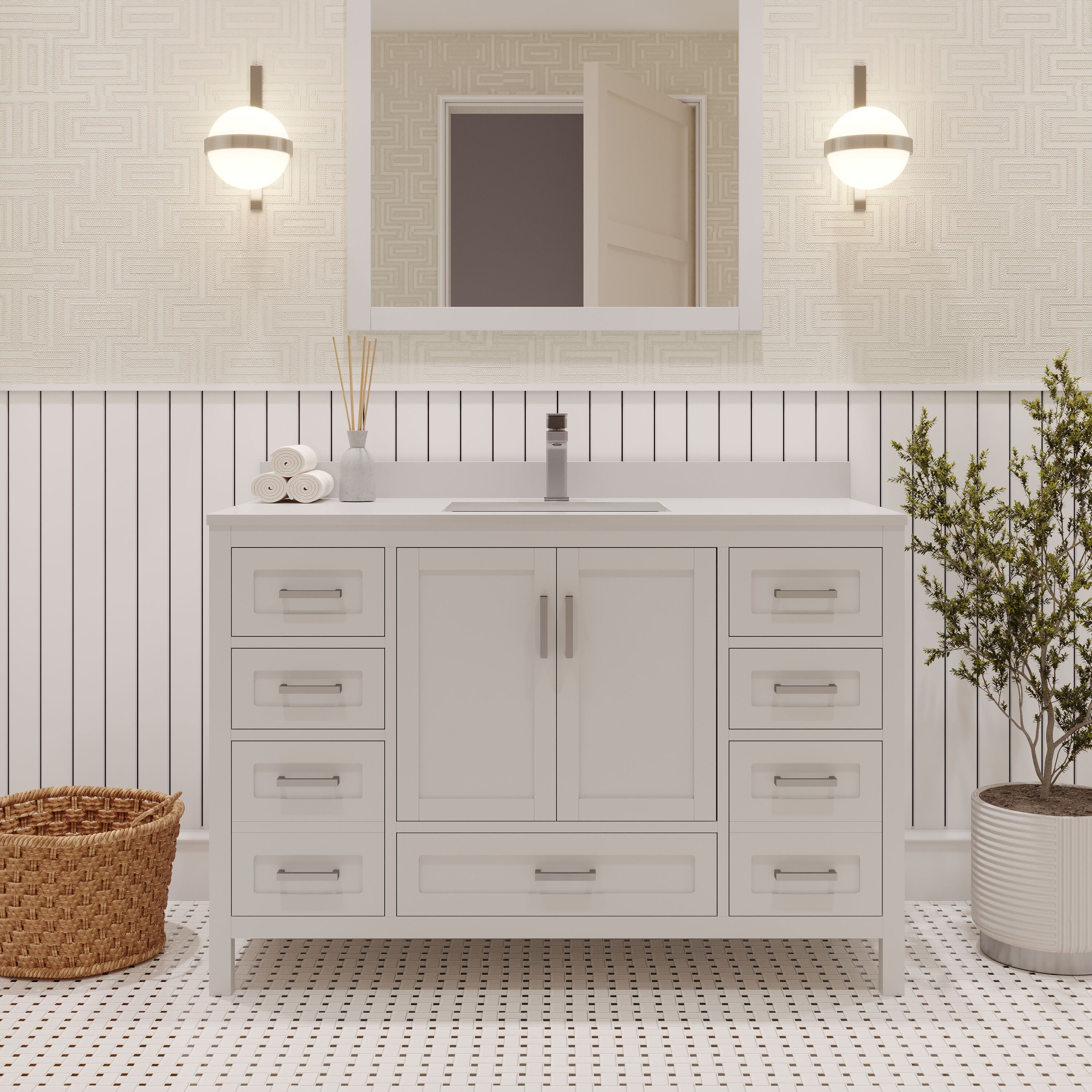 Ayna Decors AVR48WH3022 48-in White Undermount Single Sink Bathroom Vanity with White Quartz Top (Faucet Included)