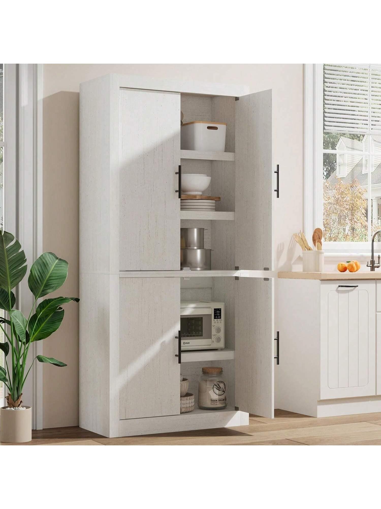 Qeetex Home Tall Kitchen Pantry Wood Pantry Storage Cabinet With 4 Wood Doors and Adjustable Shelves Farmhouse Freestanding Pantry Cupboard and Large Storage Space For Dining and Living Room