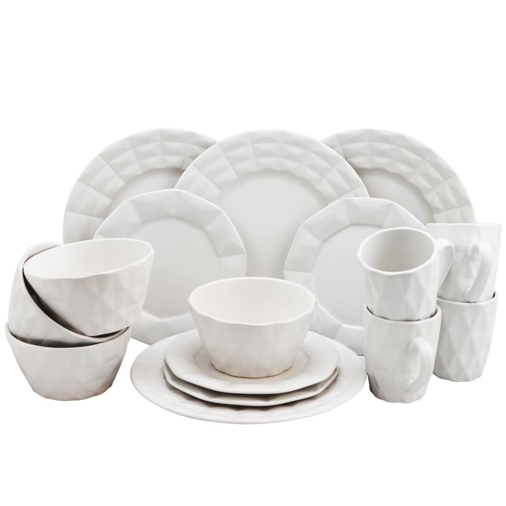 Elama Modern White Stoneware Dinnerware Set - 16 Piece Round Plates, Bowls,  Mugs - Dishwasher & Microwave Safe in the Dinnerware department at