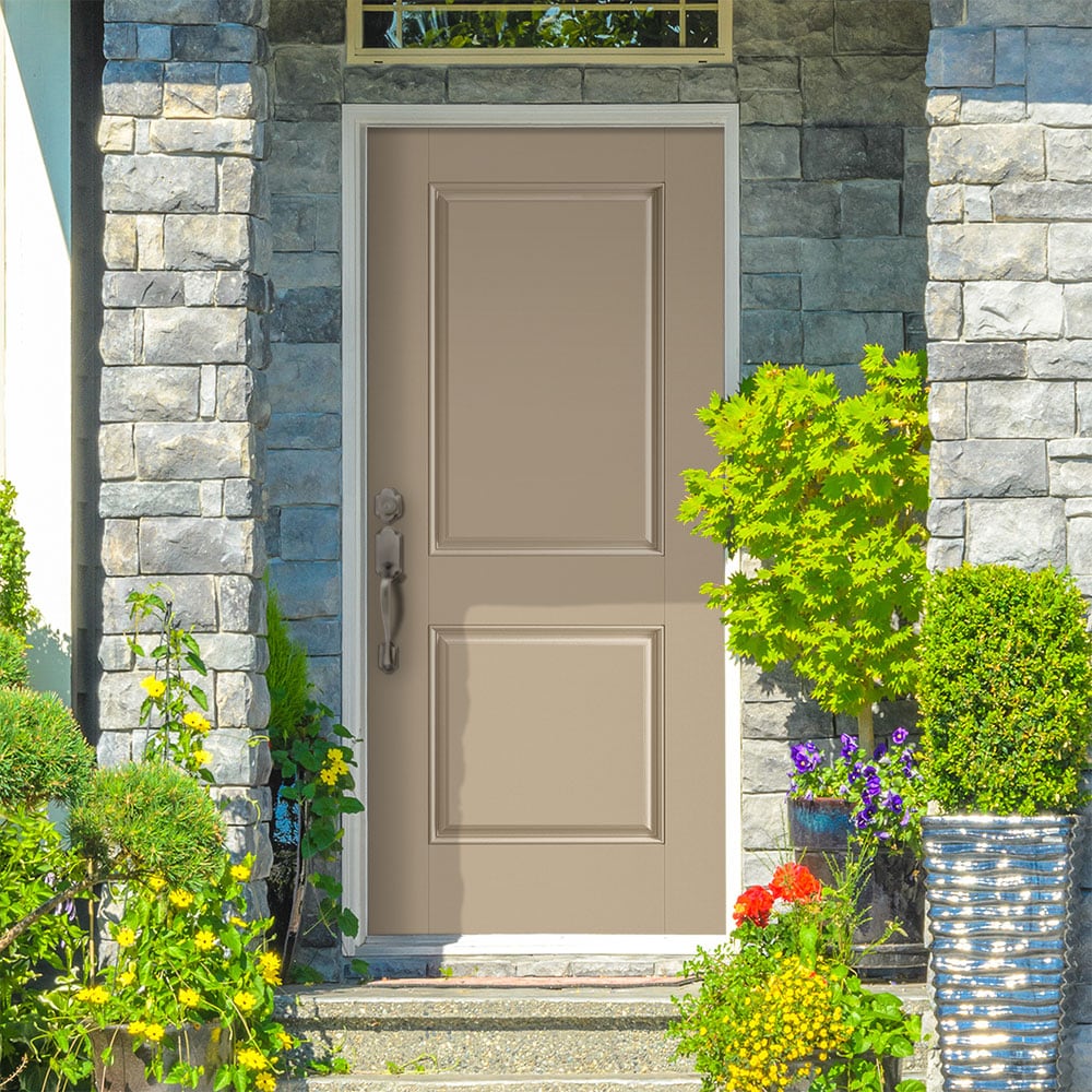 Masonite 1218146 36-in x 80-in x 4-9/16-in Fiberglass No glass Right-hand inswing Sandy Shore Painted Prehung Front Door with Brickmould Insulating core