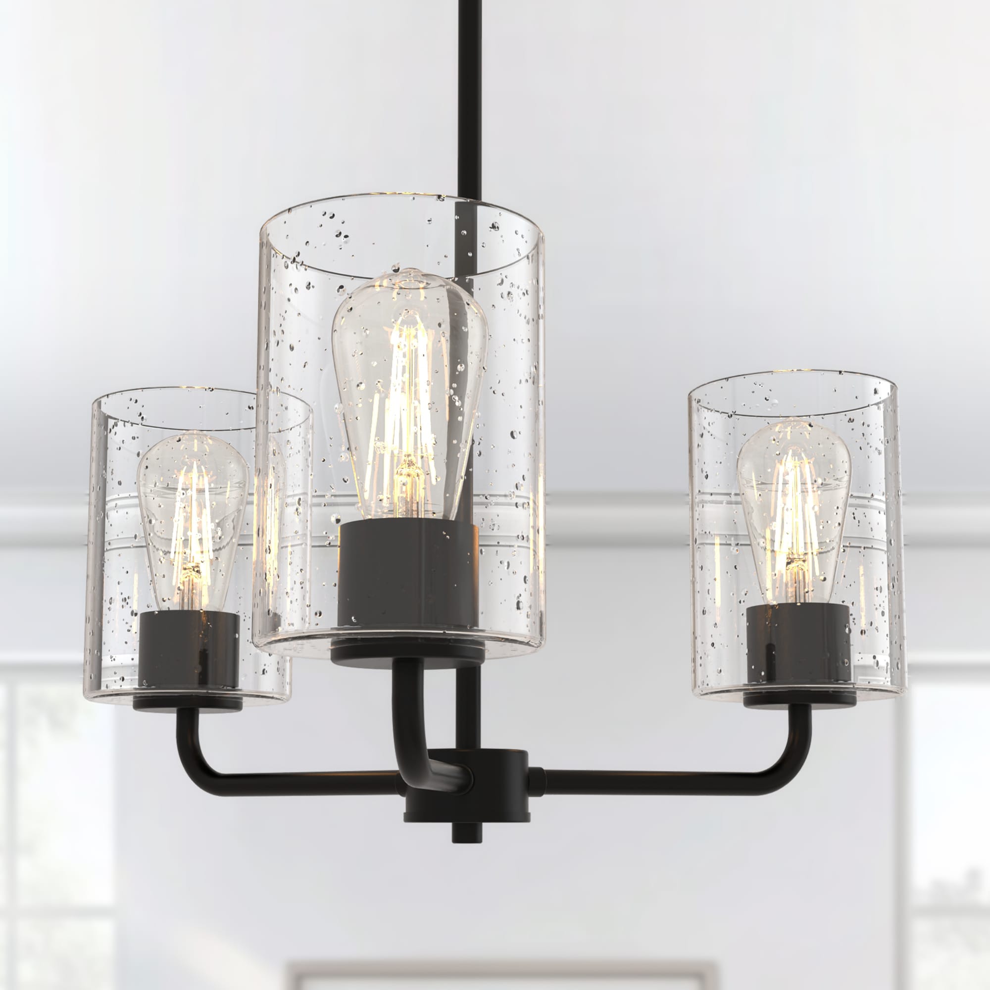 YANSUN 3 -Light Black Modern/contemporary Seeded glass Cylinder Medium Hanging Convertible pendant/Semi-flush Light