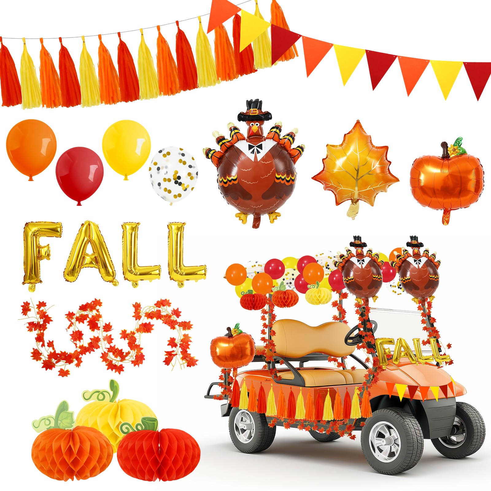 KIWDZFU  Fall 87 Piece Thanksgiving Golf Cart Decorations Kit Pumpkin Honeycomb Maple Leaf Garland Pennant Banner Paper Tassel Balloon for Autumn