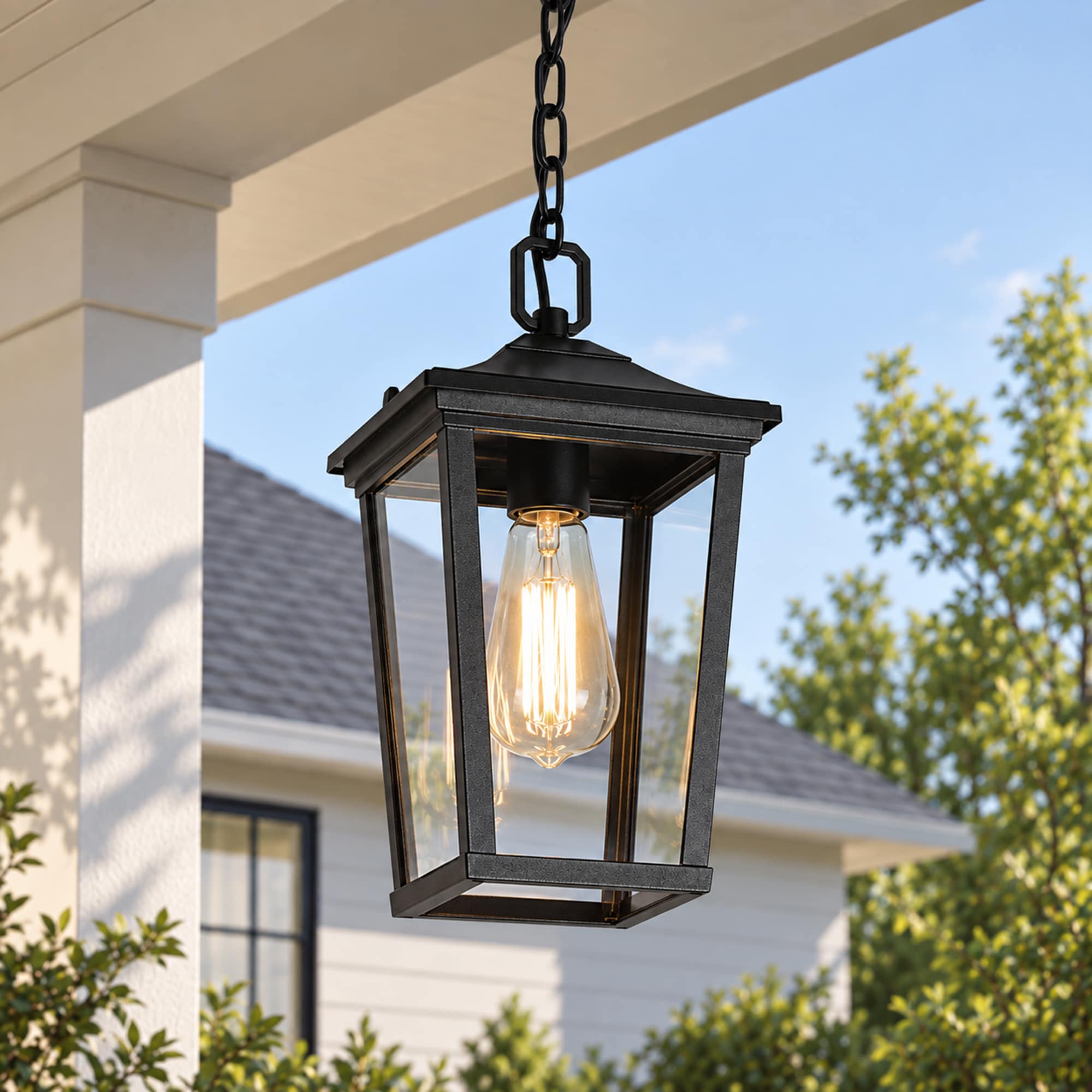 LNC Caverryn 1 -Light Matte Black Modern/contemporary Clear glass Lantern Mini Outdoor Hanging Pendant Light
