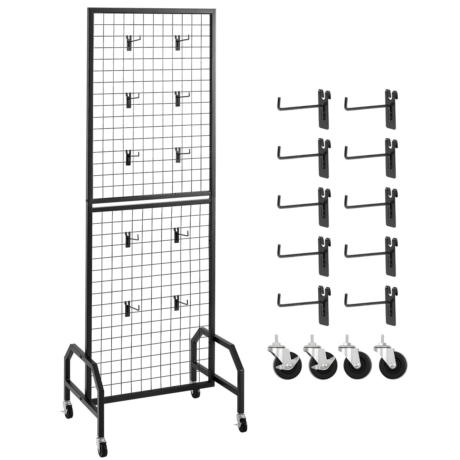 GIVIMO Grid Wall Panel 1.9 x 5.4-ft Wire Grid Panels Display Rack Movable Art Display Shelf with Wheels 10 Hooks Black Carbon Steel Gridwall for Craft Show Decoration Storage Notice Board
