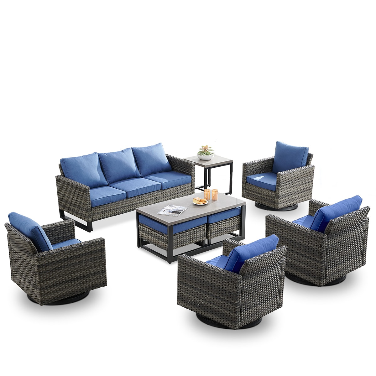 Rilyson FS062069X2065070-1 9 -Piece Wicker Patio Sofa Conversation Set with Blue Cushions
