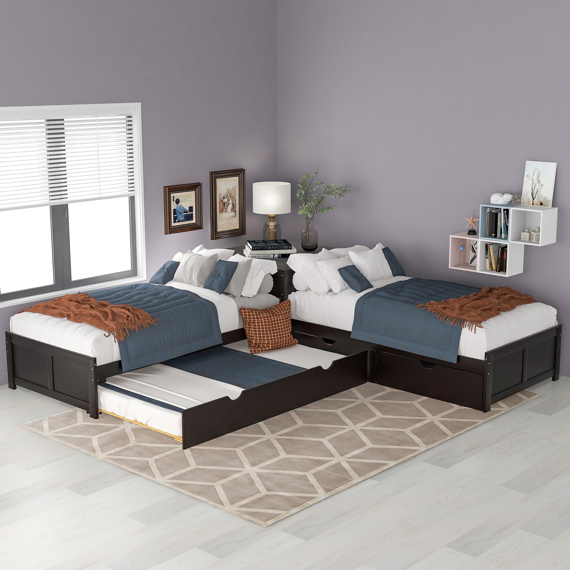 ModernLuxe SM000916AAP-1 Lshaped Platform Bed with Trundle and Drawers Linked with builtin DeskTwinEspresso
