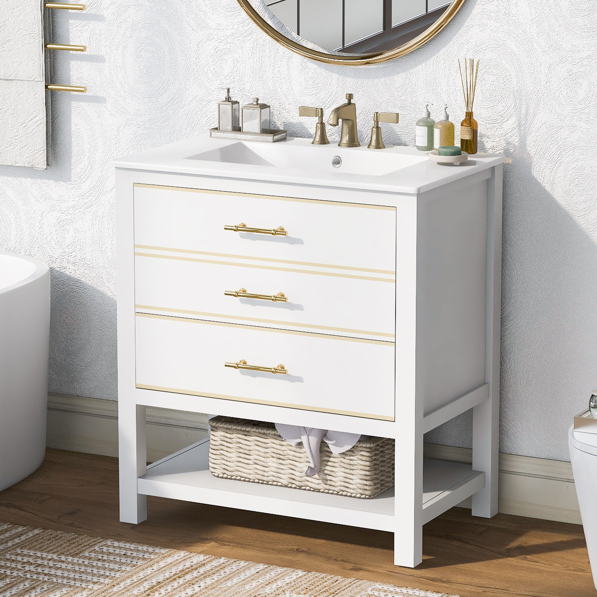 WELLFOR AMVS24-05 Open Storage 30-in White Undermount Single Sink White Ceramic Top