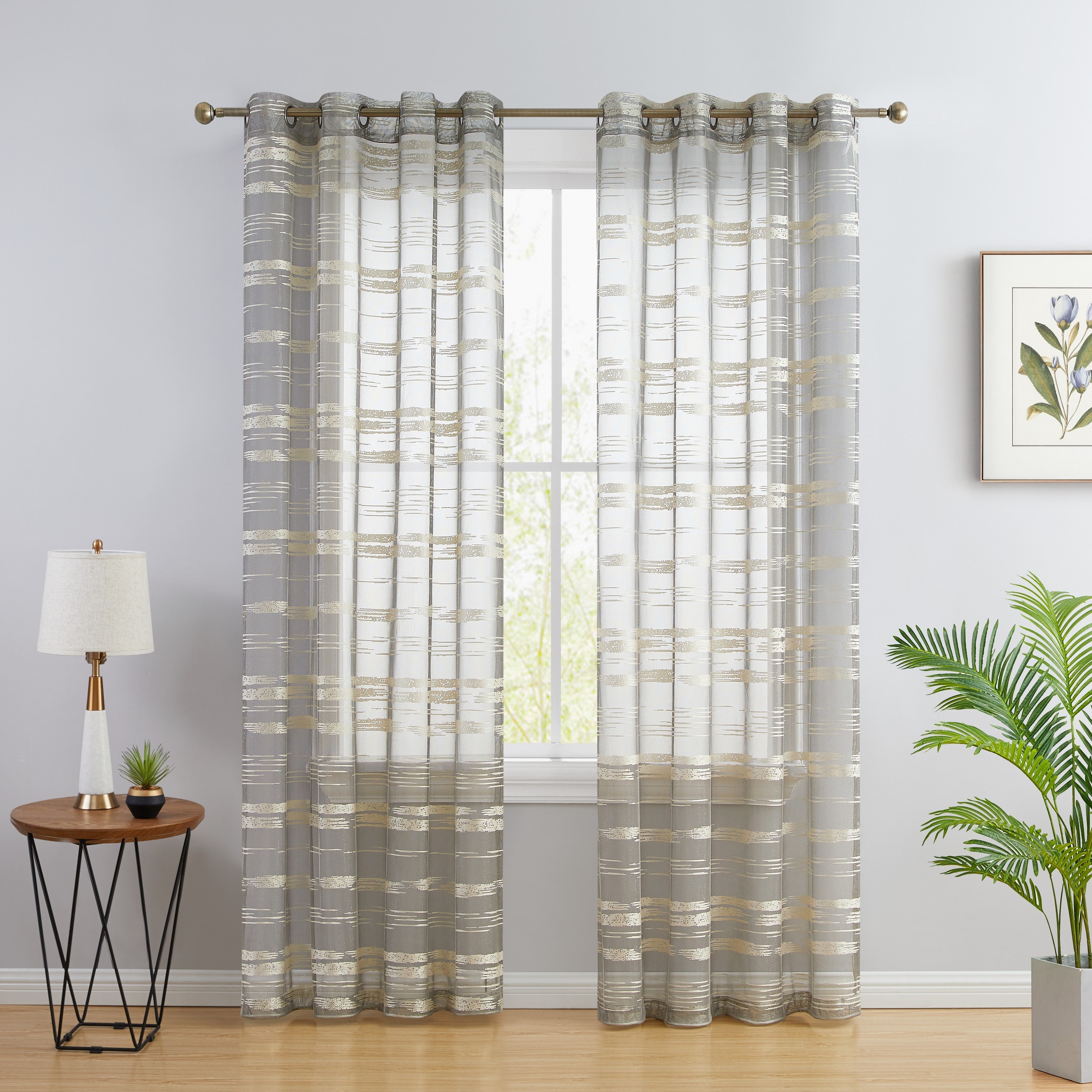 HLC.me BRDWY-96-BEIG 96-Inches Beige Striped Semi-sheer Grommet Curtain panel pair