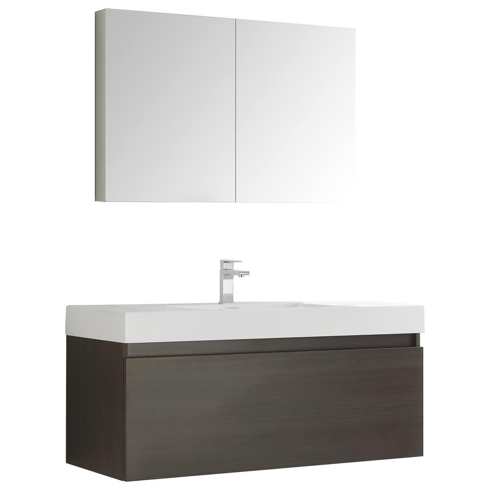 Gray Oak Wall Hung Vanity with Integrated Sink and Medicine Cabinet