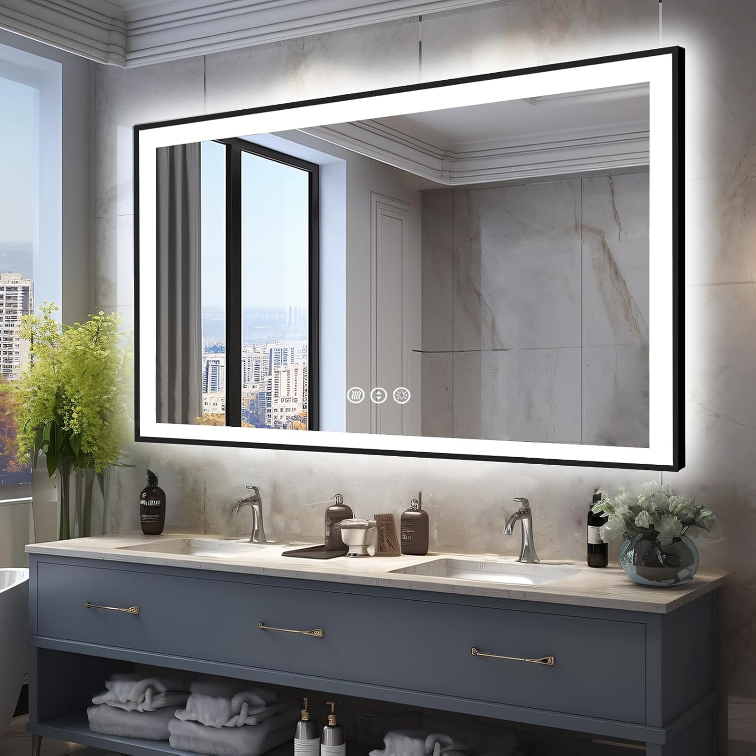 waterpar WPLO-2487 60-Inches x 48-Inches Polished Rectangle Dimmable LED Lighted Fog Free Bathroom Vanity Mirror ( Black )