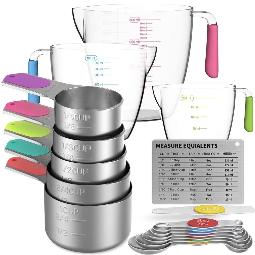 Etokfoks  15 Piece Stainless Steel and Plastic Measuring Cup and Spoon Set with Magnetic Nesting and Conversion Chart
