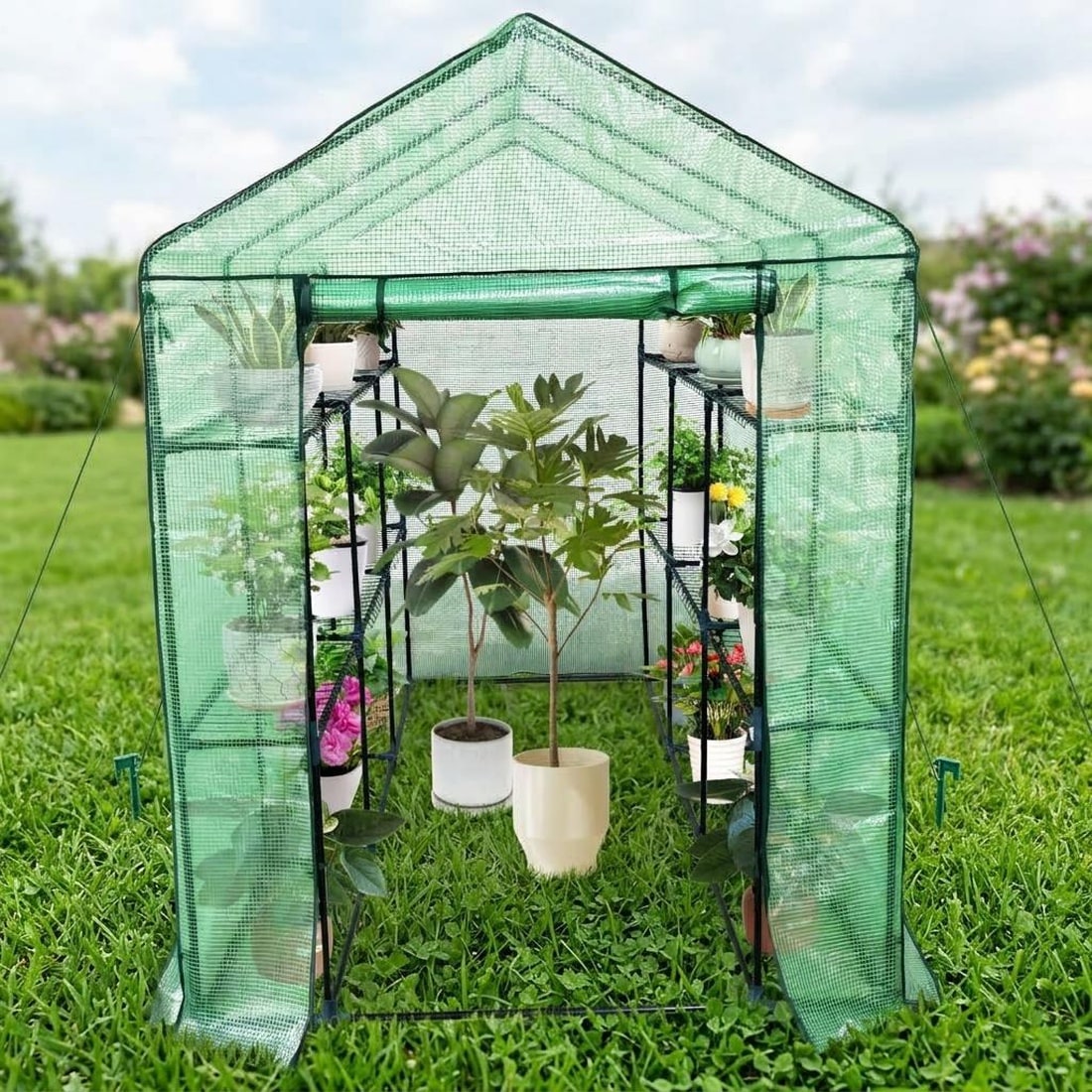 DEXSO 4.7-ft W x 7-ft D x 6.4-ft H Green Walk-In Greenhouse with 9 Shelves and Steel Frame