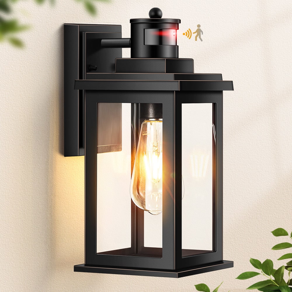 VIANIS - 1-Light 12.6-in H Matte Black with Gold Trim Hardwired Motion Sensor Dusk to Dawn Outdoo...