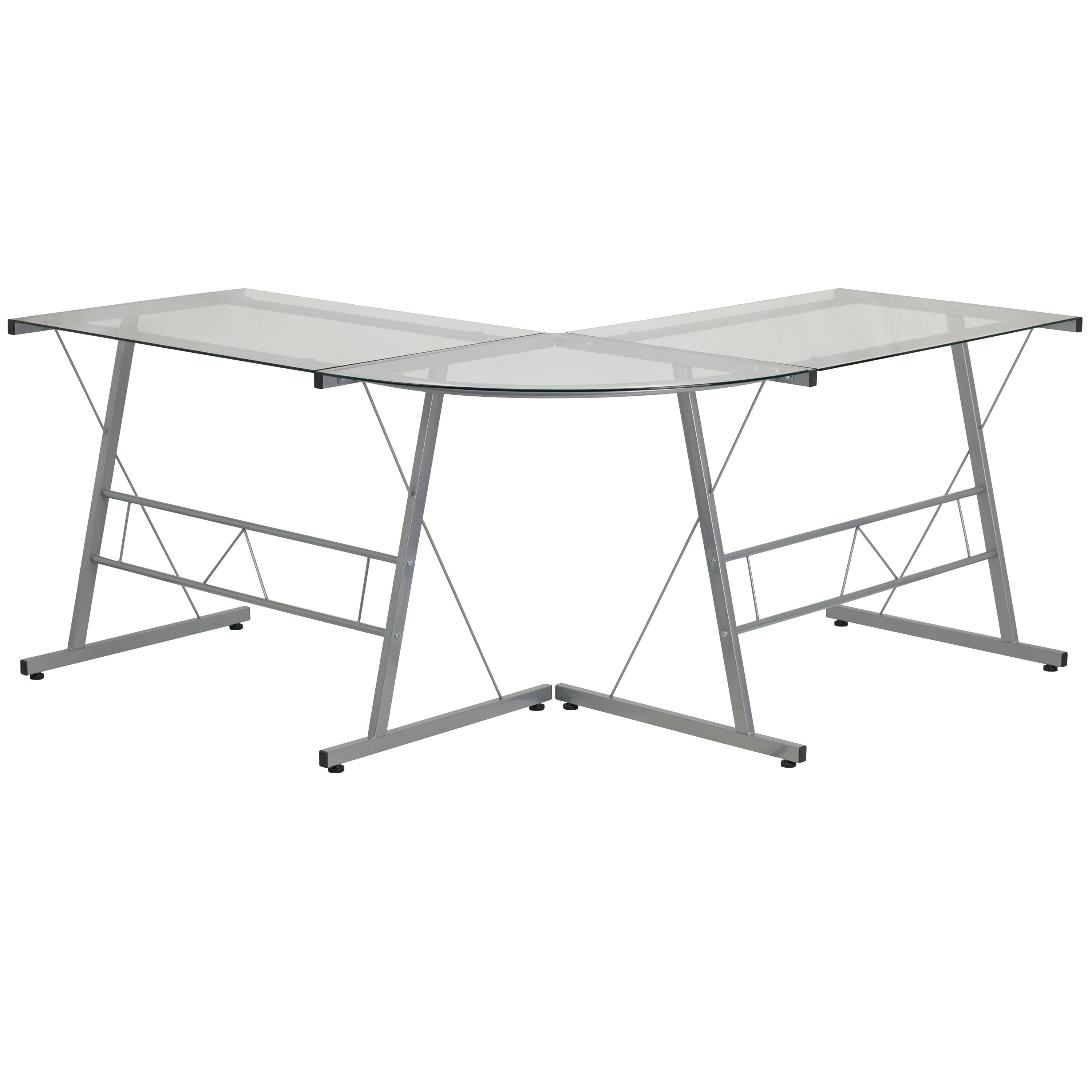 Sleek Silver Metal Frame L-Shaped Corner Desk with Clear Glass Top