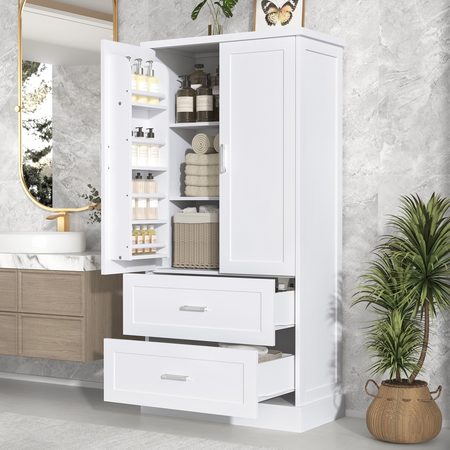 GZMR Tall Bathroom Storage Cabinet 31.3-in W x 64-in H MDF White Freestanding Utility Storage Cabinet