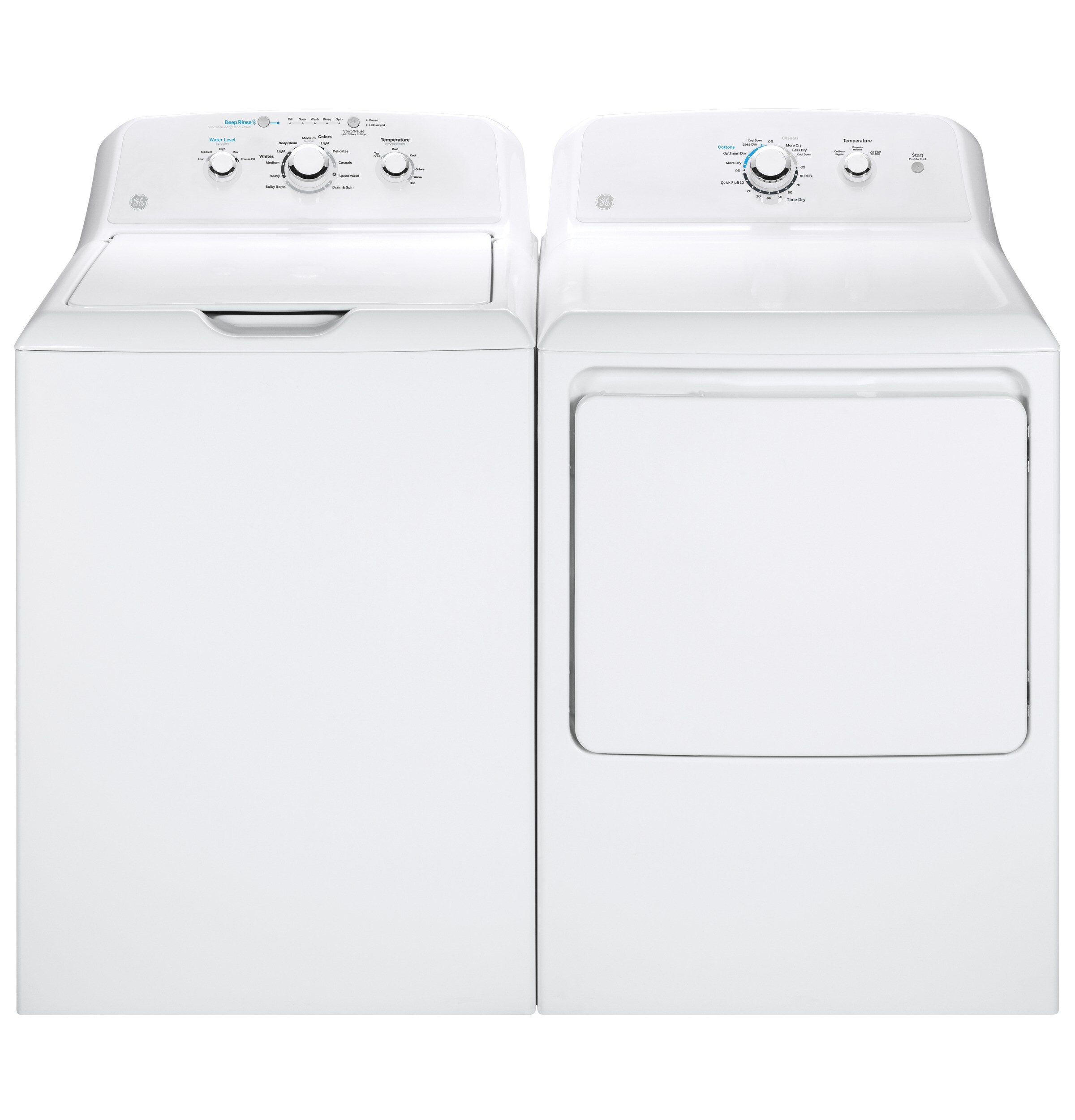 GE High Efficiency Top Load 4.5 cu ft Washer with Stainless Steel Basket & Gas Dryer Set in White