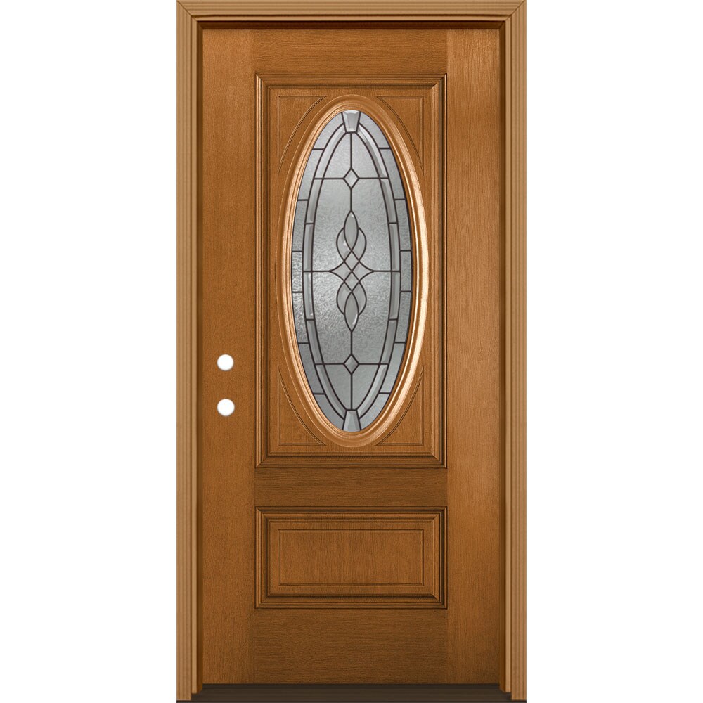 Masonite 1328204 Hampton 36-in x 80-in Fiberglass Oval Lite Right-Hand Inswing Oakcrest Stained Prehung Single Front Door with Brickmould Insulating Core