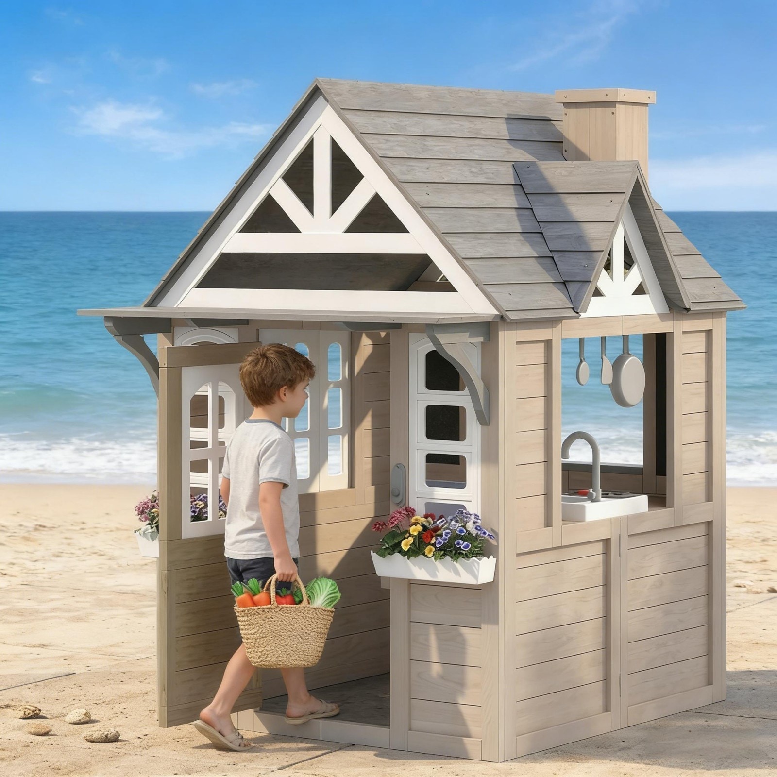 GlasFlength  Robust Wooden Playhouse Outdoor Playhouse with Stove Blackboard Flower Box Dog Door and Imaginative Activity Design for Backyard Garden Patio Gray