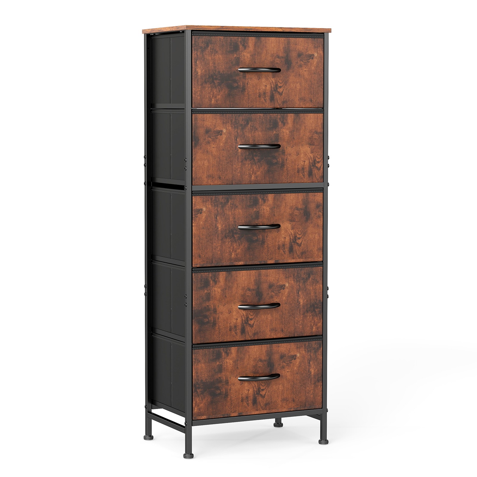 48-Inch Rustic Brown Vertical Storage Dresser Tower with 7 Fabric Drawers and Sturdy Metal Frame