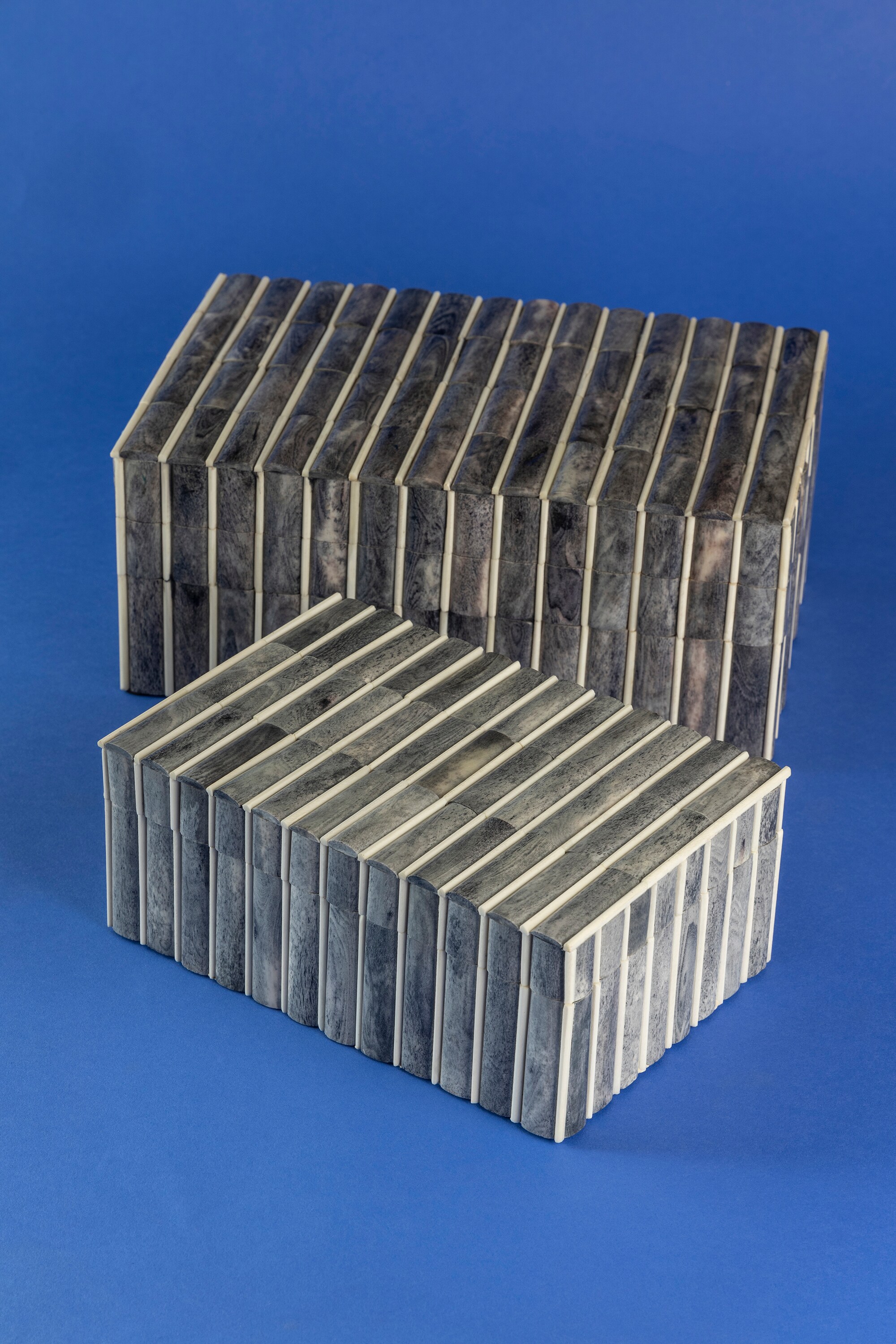 Gray and Ivory Carved Bone Decorative Boxes, Set of 2