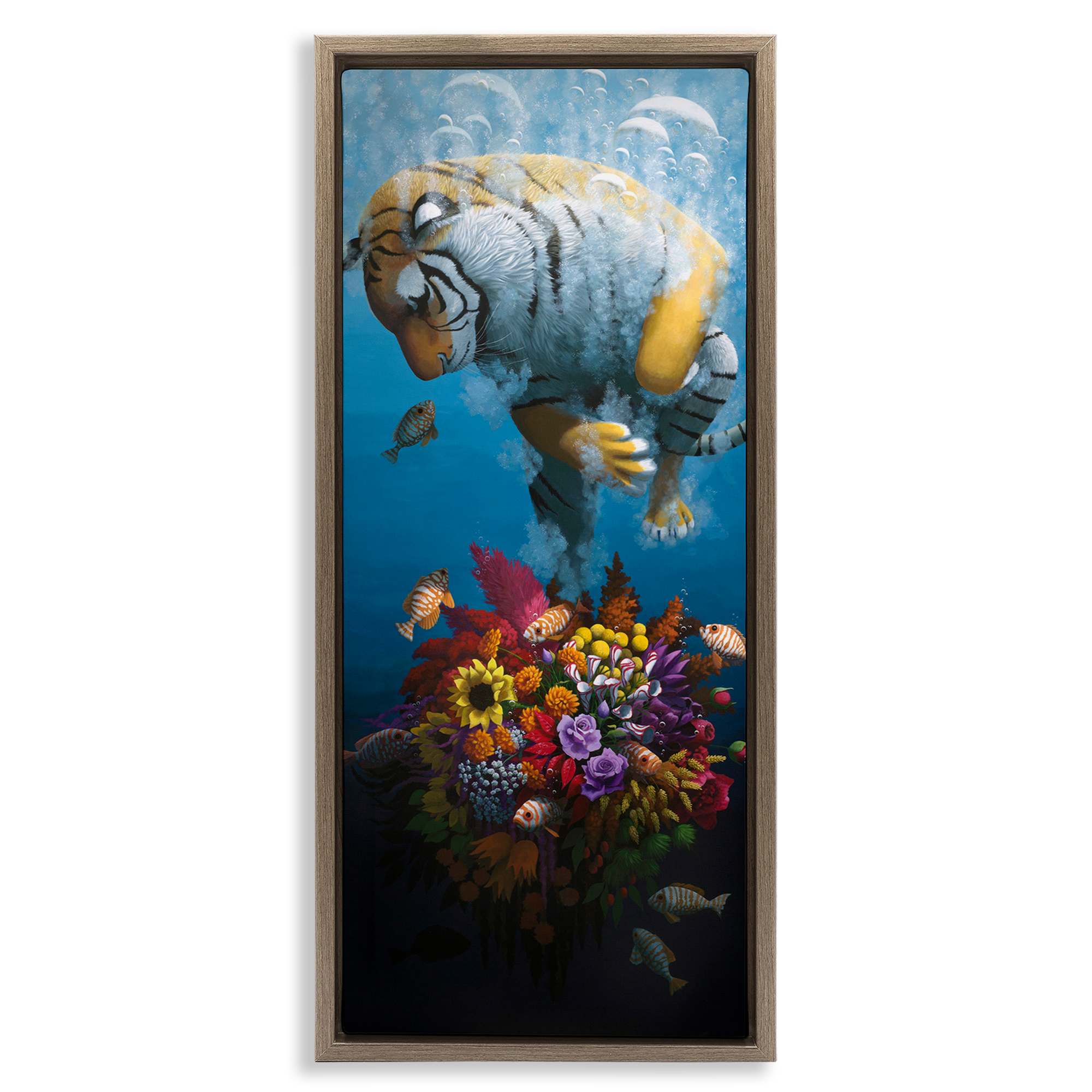 Stupell Industries BS-999-FFE-13X30 Curious Tiger and Underwater Bouquet Brown Framed Floater Canvas Wall Art By Heather Gauthier 15 x 31