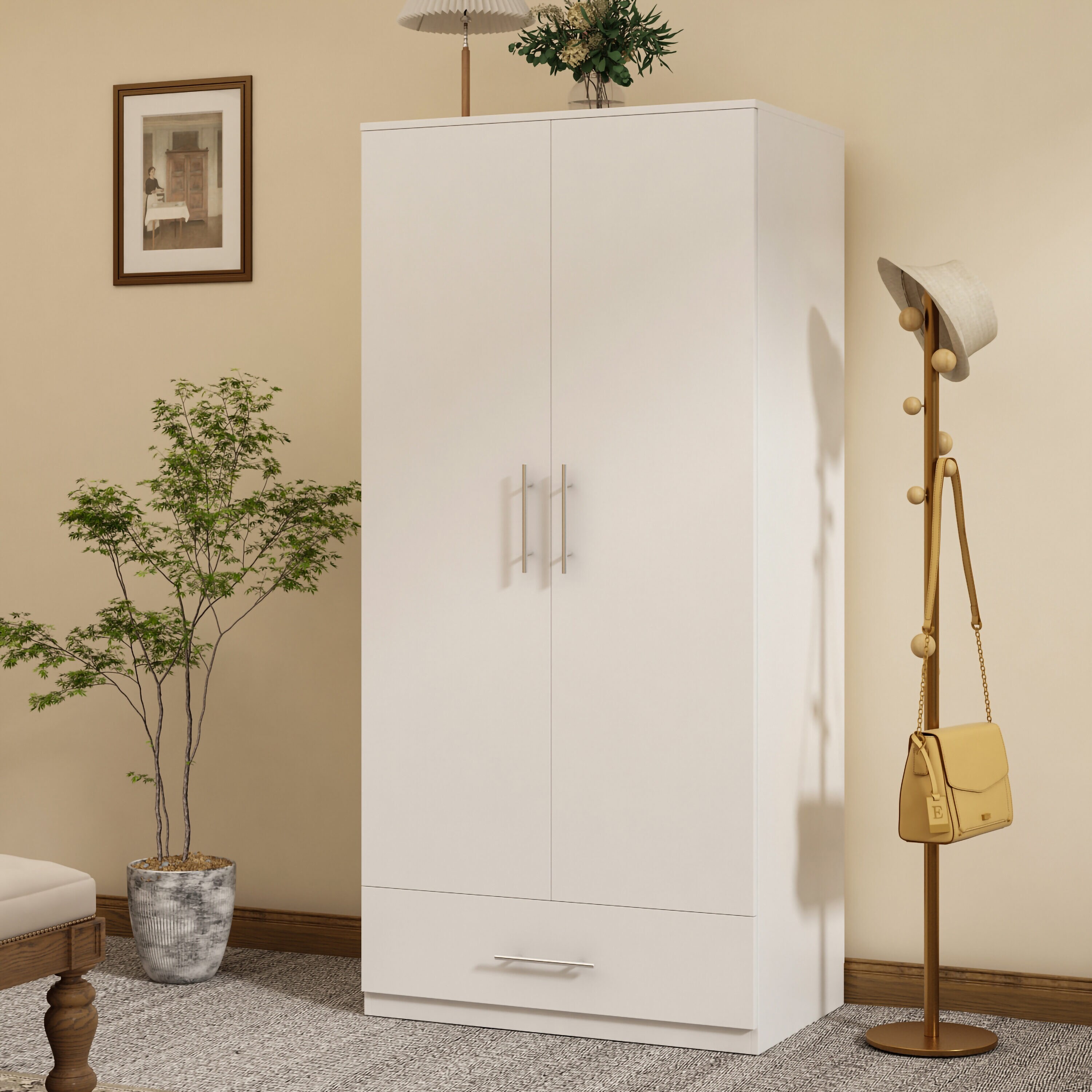 FUFU&GAGA Contemporary 2-Door Wardrobe with Drawer, Clothes Rail, and  Moisture-Proof Base - White Finish, Assembly Required in the Armoires  department at