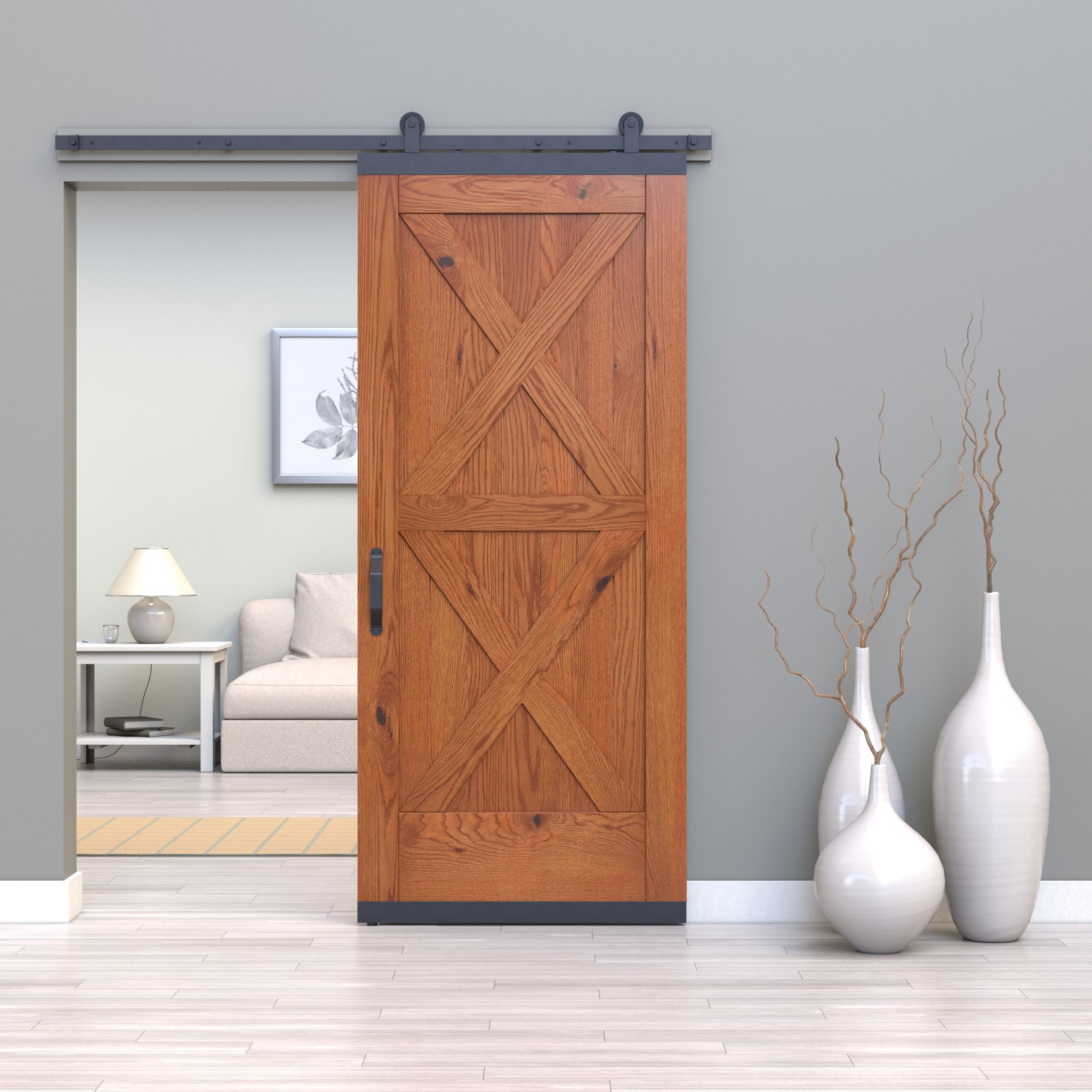 JELD-WEN LOWOLJW248600070 36-in x 80-in Chestnut Crossbuck White oak Wood Solid core Single Barn Door (Hardware Included)