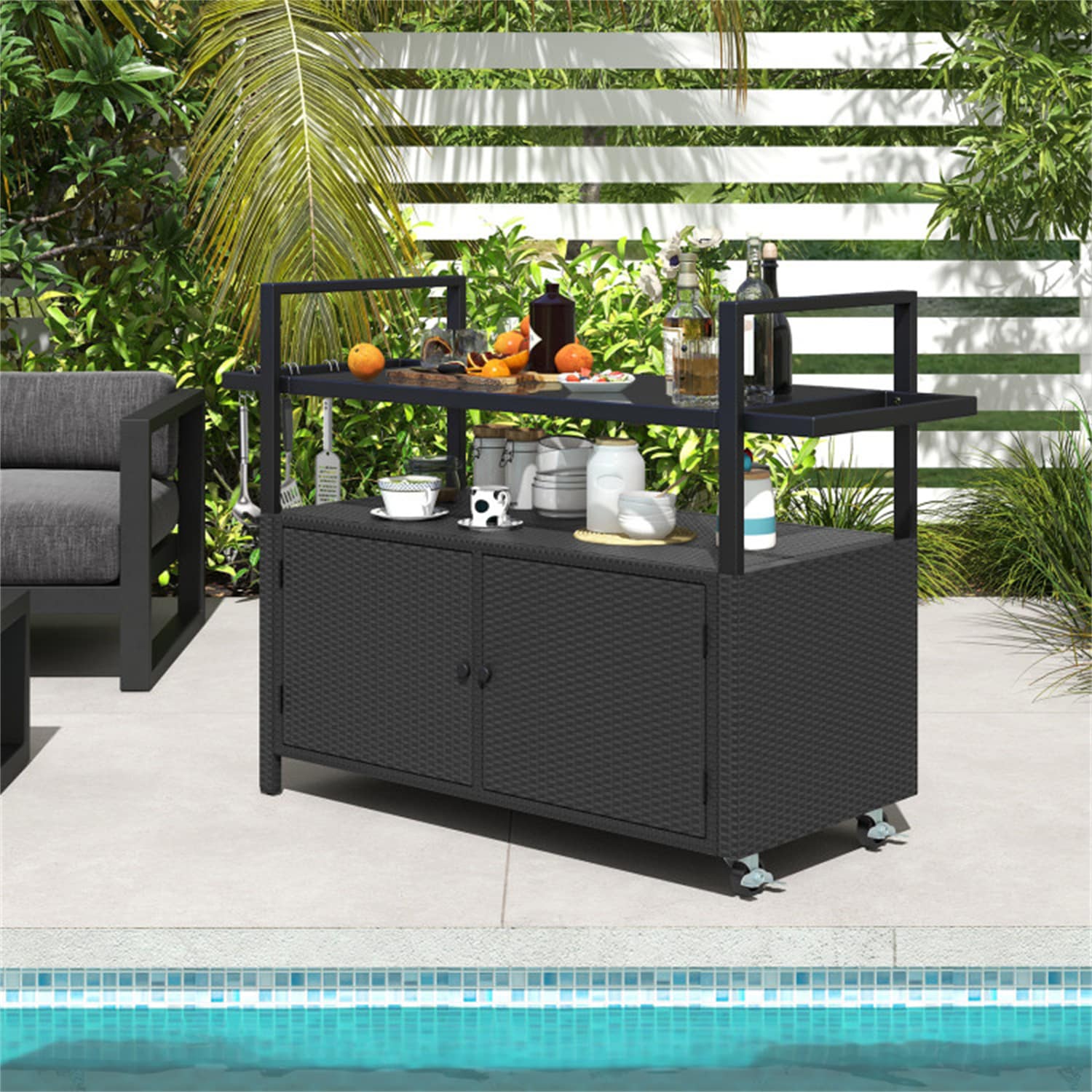 BABOOM Outdoor Bar Cart Black Wicker Outdoor Serving Cart in the ...