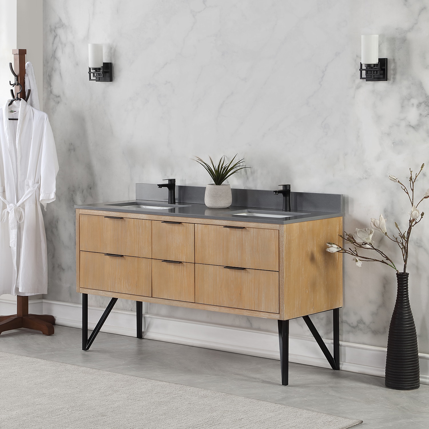 Helios 60" Double Weathered Pine Vanity with Concrete Gray Countertop