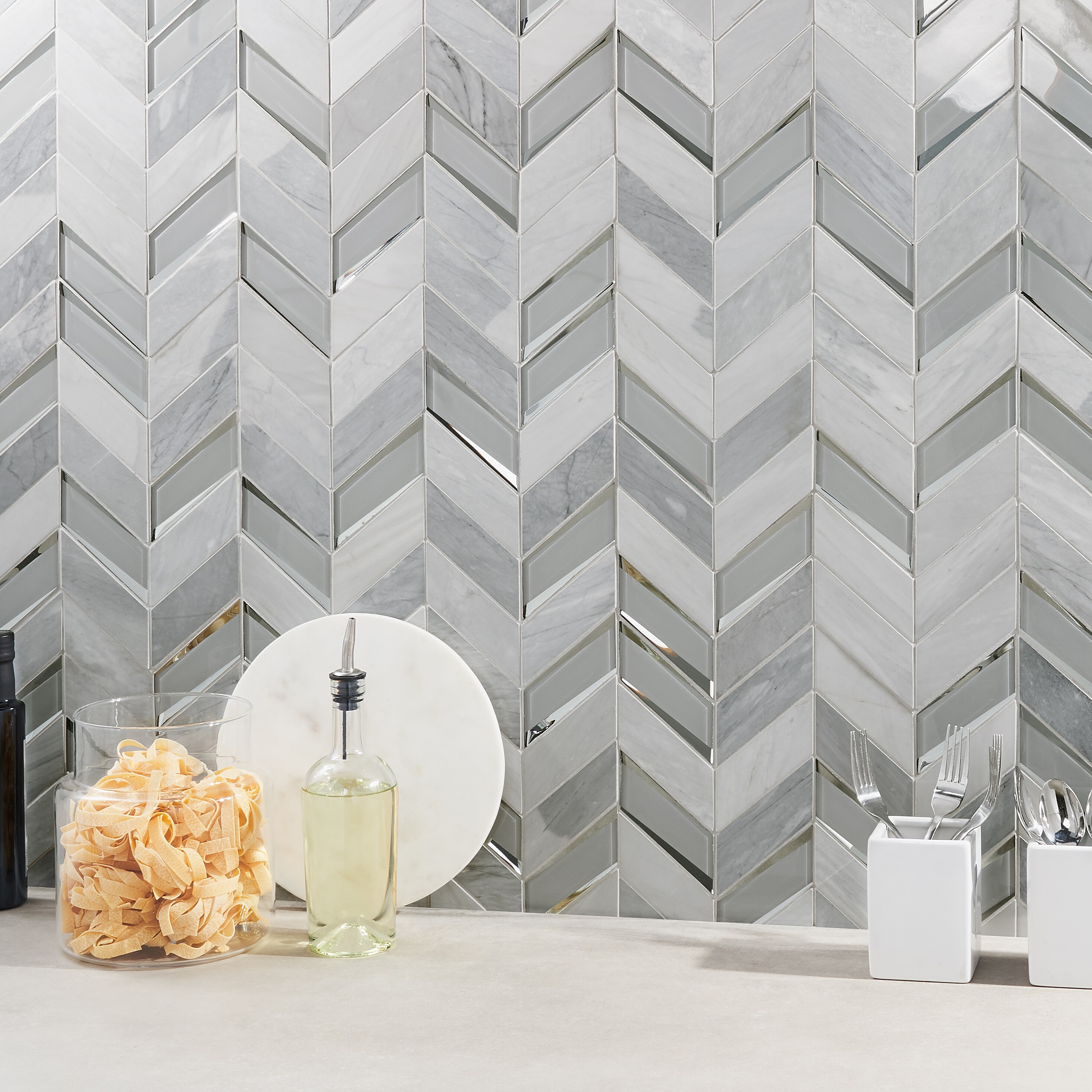 Verona Polished Gray Marble Chevron Mosaic Tile