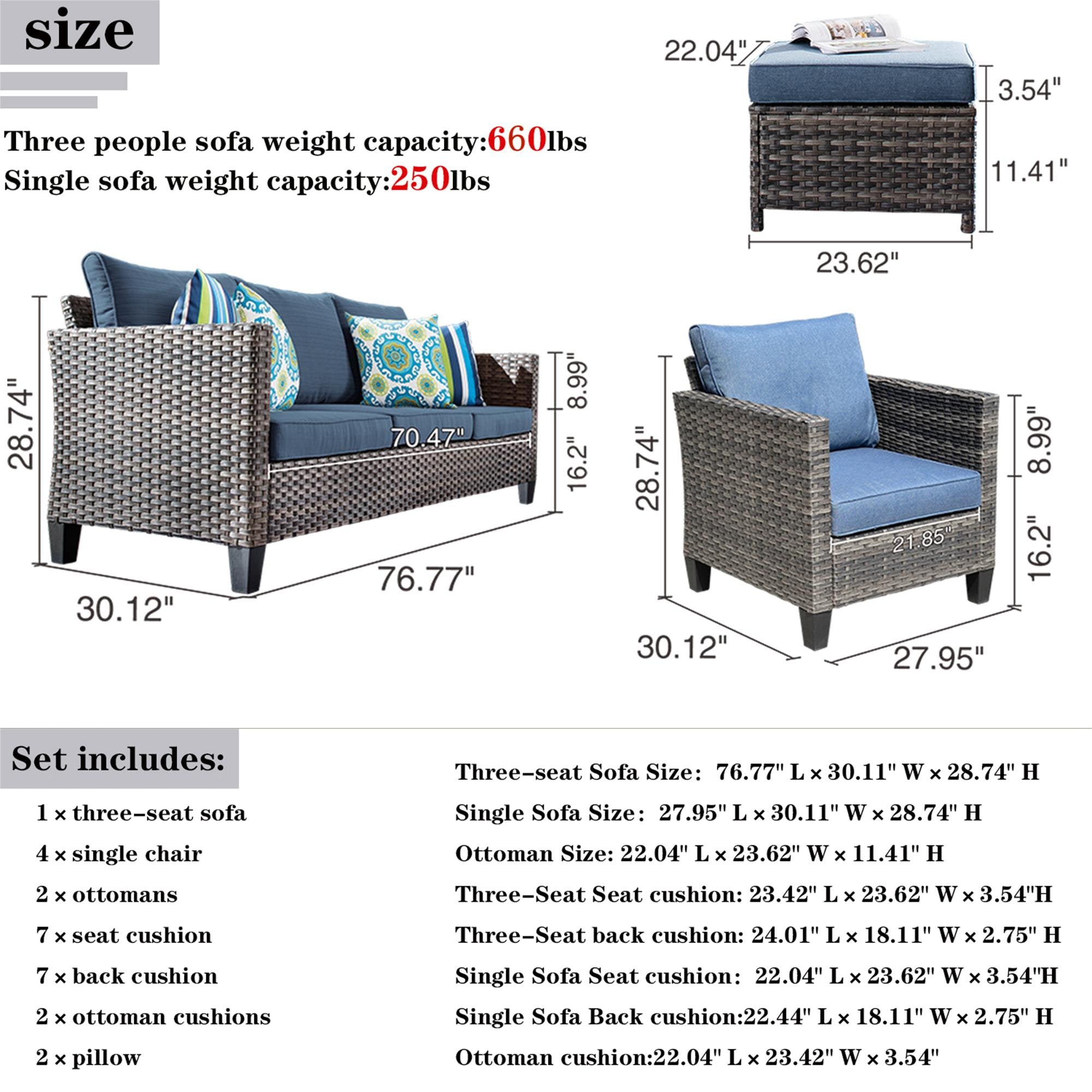 Denim Blue 7-Person Rattan Conversation Set with Cushions