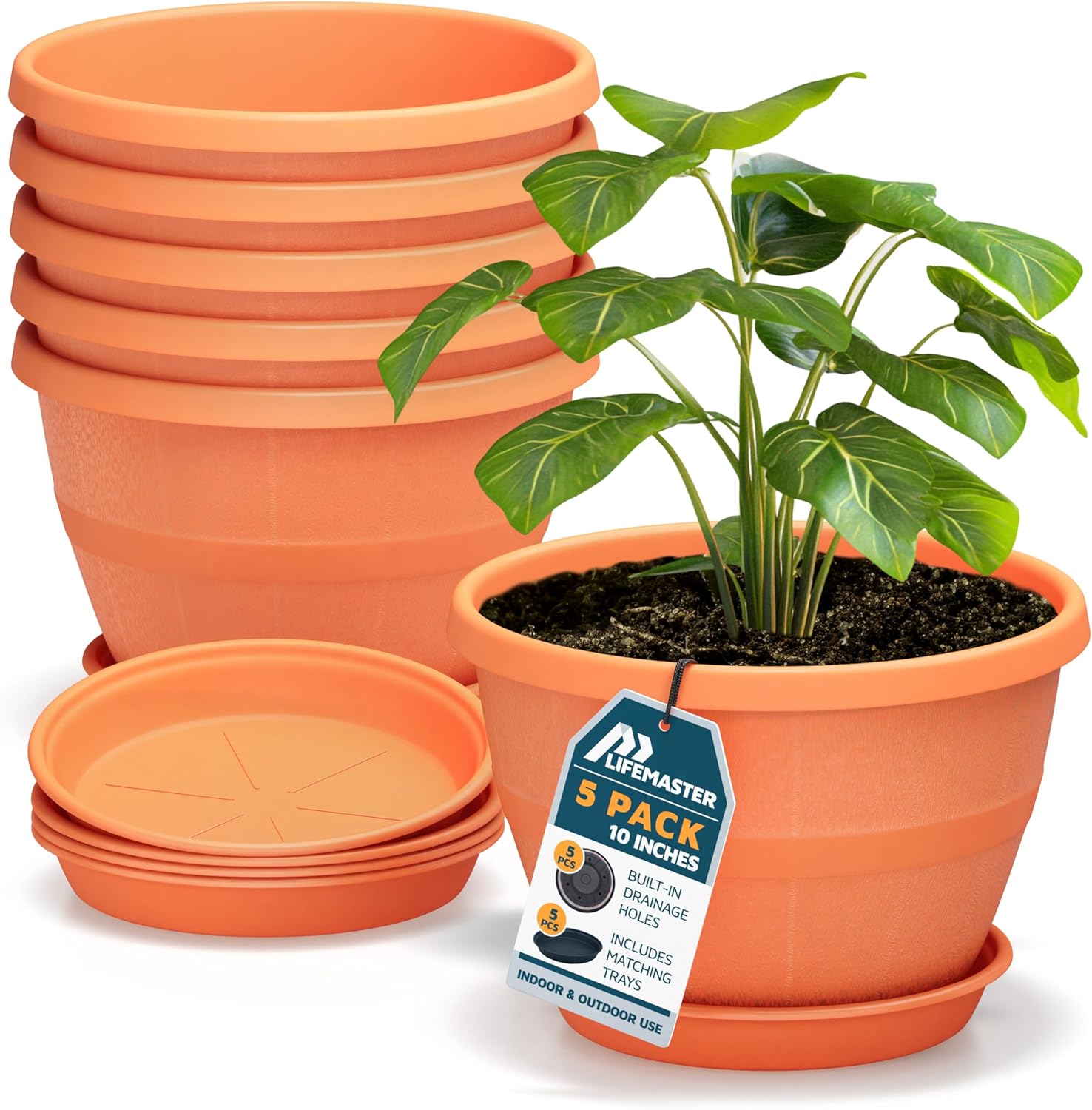 Life Master - 10 Inch Whiskey Barrel Planters Durable Plastic Plant Pots with Drainage and Saucer...