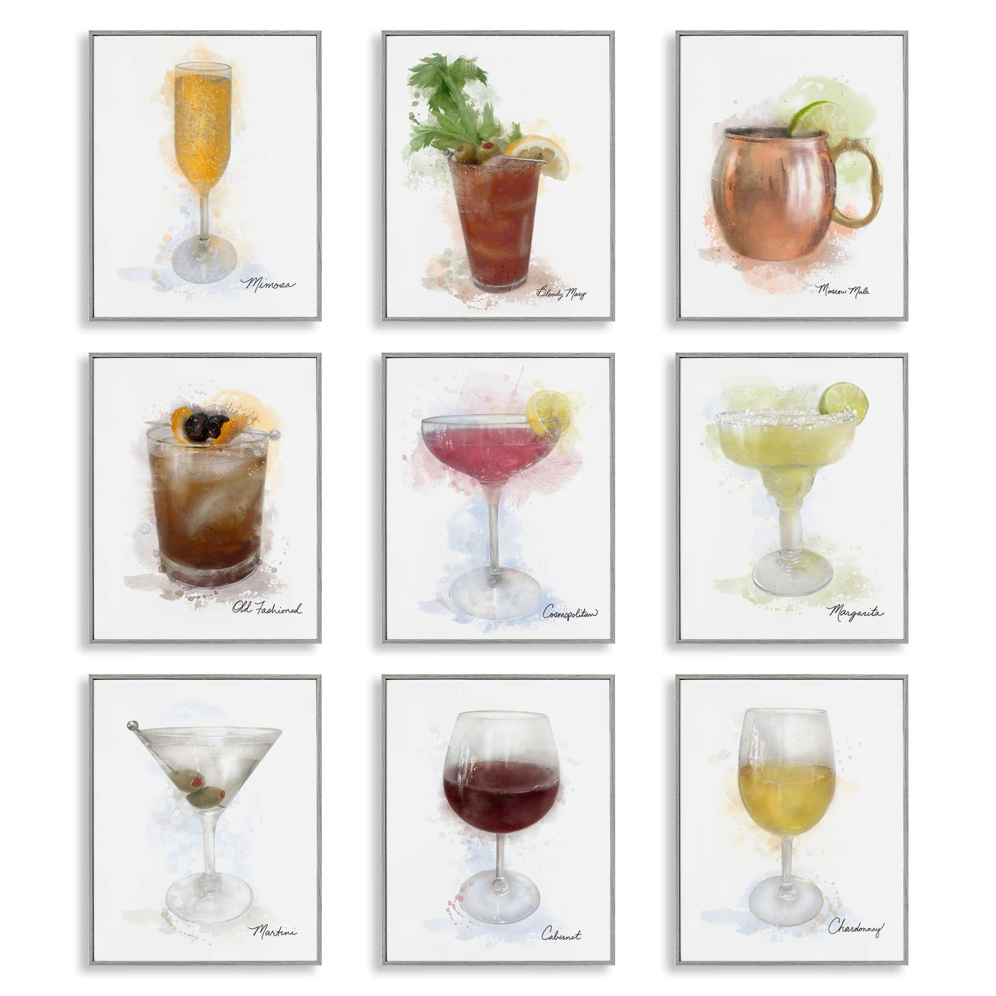 Stupell Industries A9-101-GFF-9PC-11X14 Modern Muted Cocktail Drinks 9 Piece Gray Framed Giclee Art Set By Matthew Piotrowicz 11 x 14