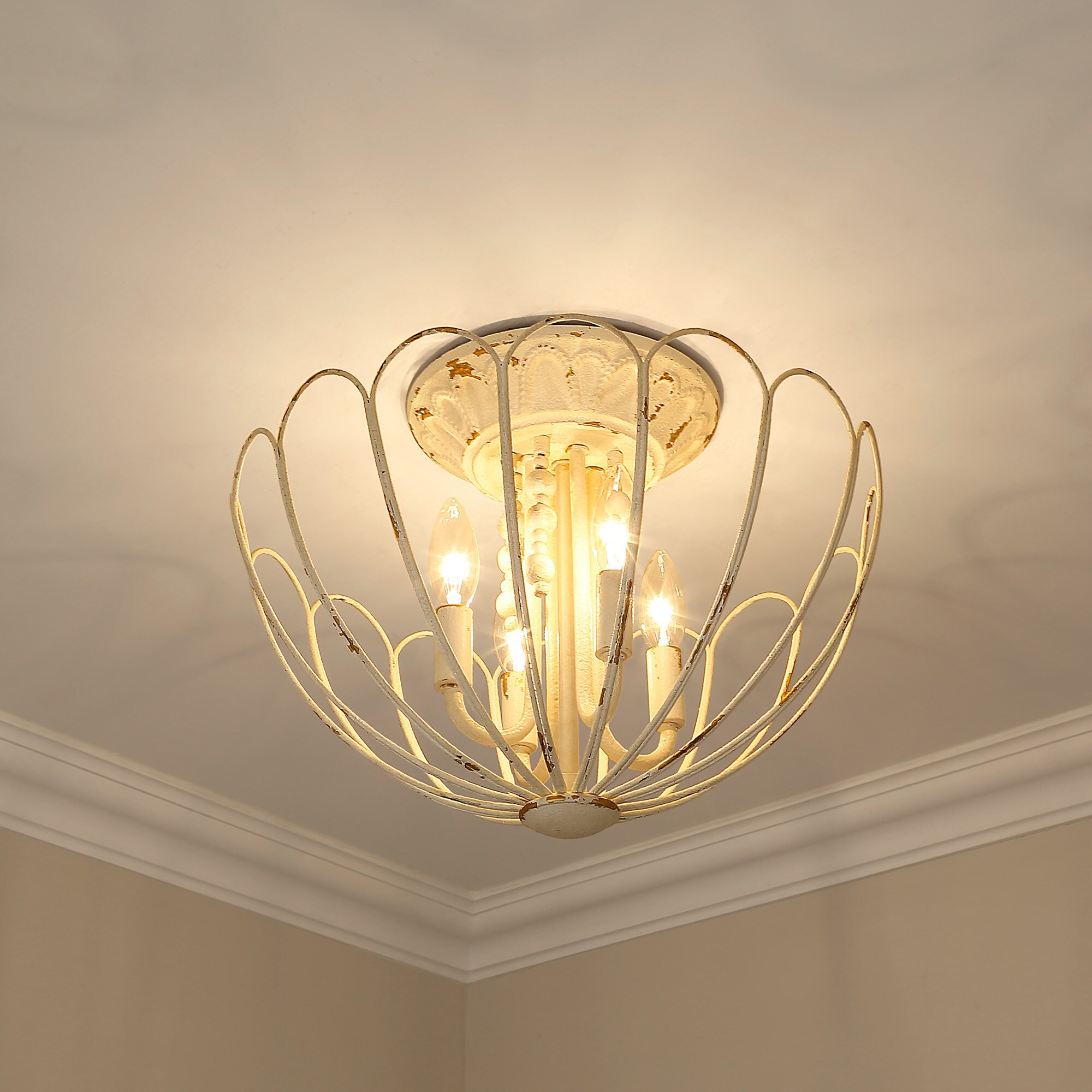 Vintage White 4-Light Semi-Flush Mount with Wood Beads