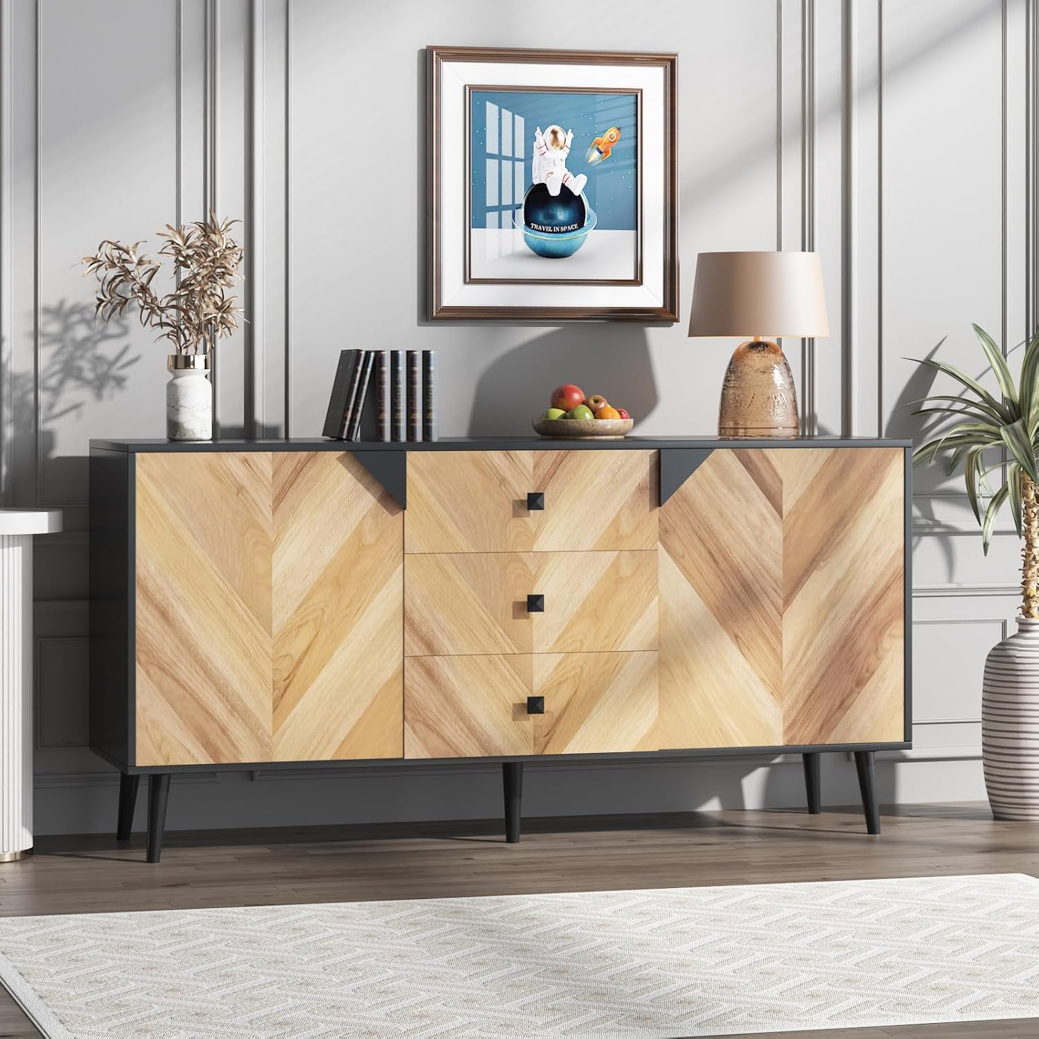 Qeetex AWEPHK33M6UVGU 55 Point 1 Inch 3 Drawer Storage Cabinet with Adjustable Shelf and Doors Modern Sideboard Buffet Cabinet for Dining Room Walnut Grain