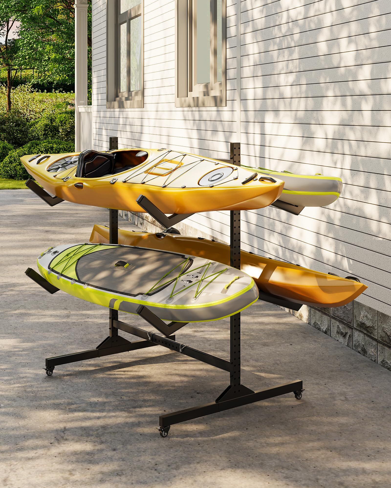 Encore Beets Freestanding Kayak Storage Rack Holds 4 Kayaks Canoes SUP Paddle Boards Surfboards Lockable Wheels Adjustable Arms Indoor Outdoor Garage Shed Dock Use #JANE-QLNXIYVT