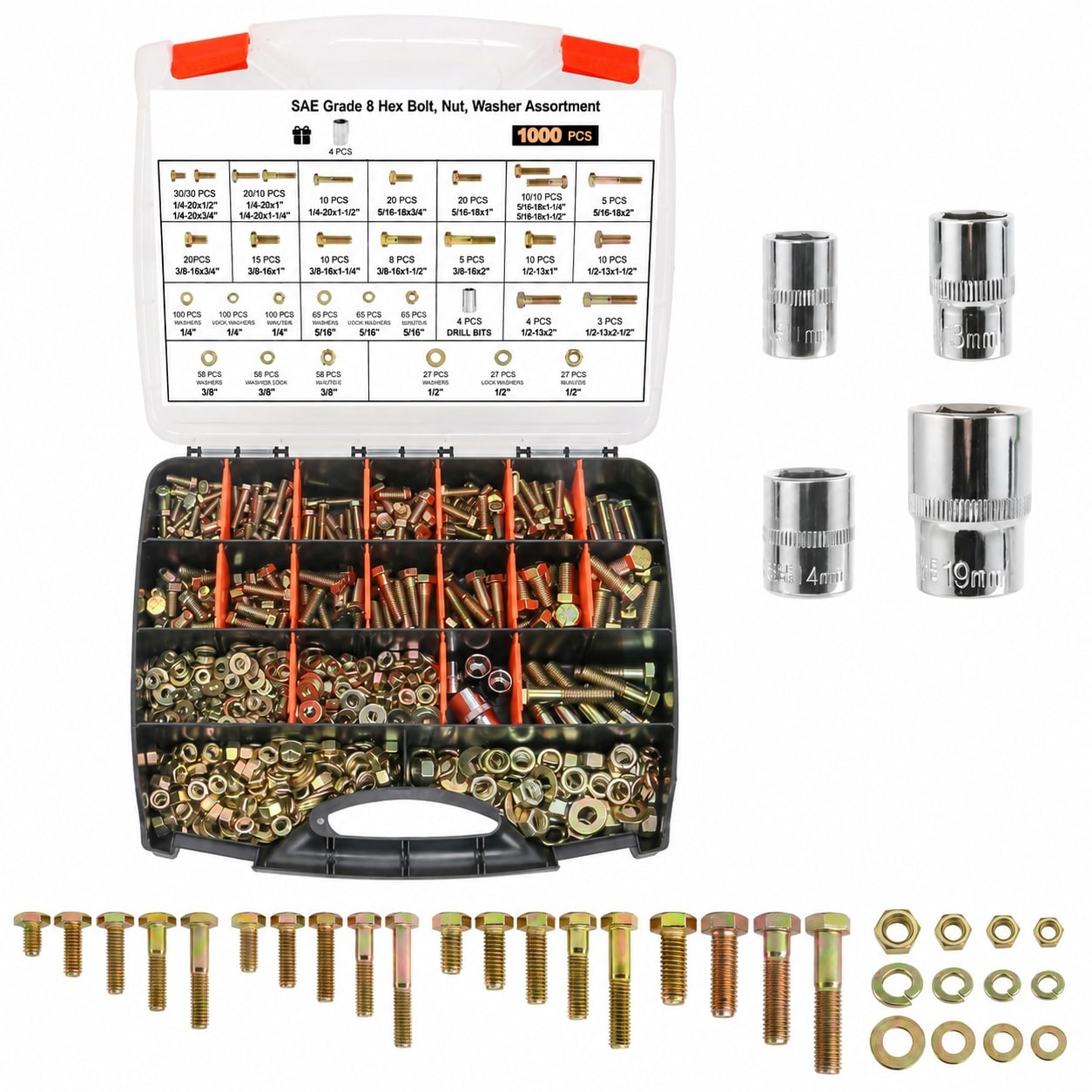 DYRCJ  1000 Piece Grade 8 Bolt Assortment Kit Heavy Duty Hex Cap Screws Nuts and Washers with Four Bits Yellow Zinc Plated SAE Sizes