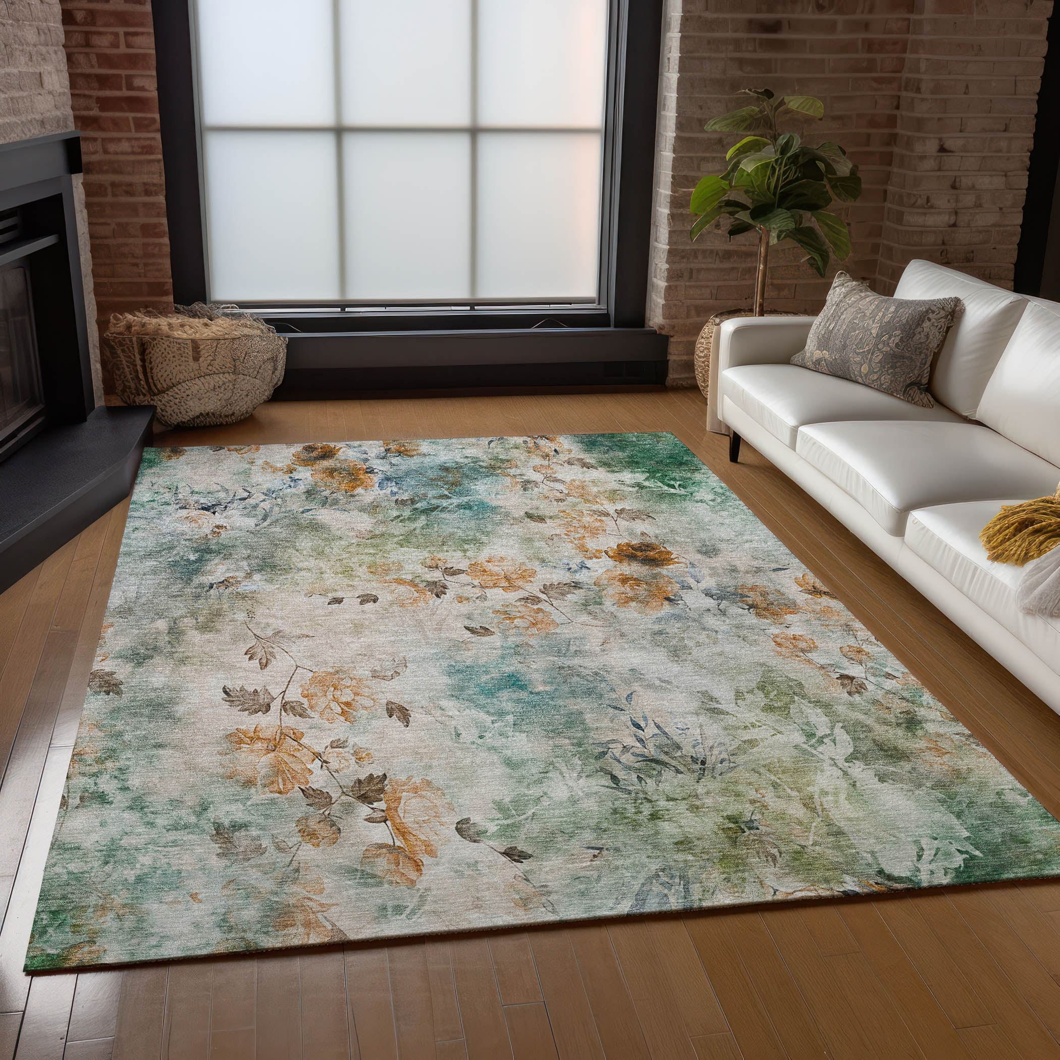 Teal Floral Machine Washable Indoor Outdoor Area Rug