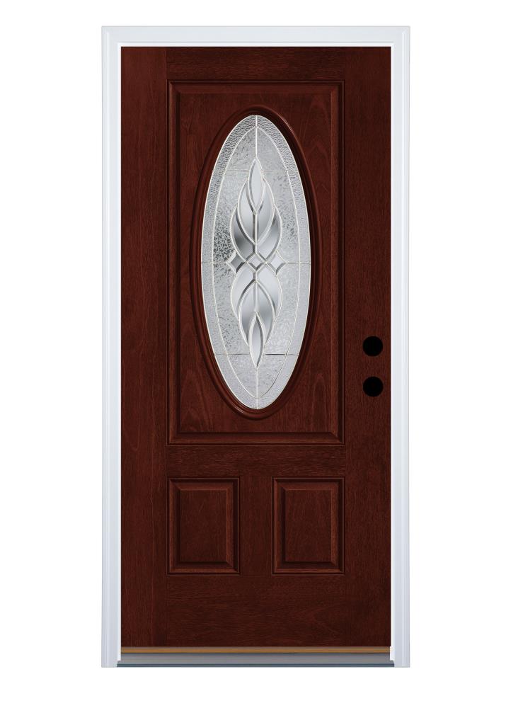 Therma-Tru Benchmark Doors TTB639579SOS Varissa 36-in x 80-in Fiberglass Oval Lite Left-Hand Inswing Mahogany Stained Single Front Door with Brickmould Insulating Core
