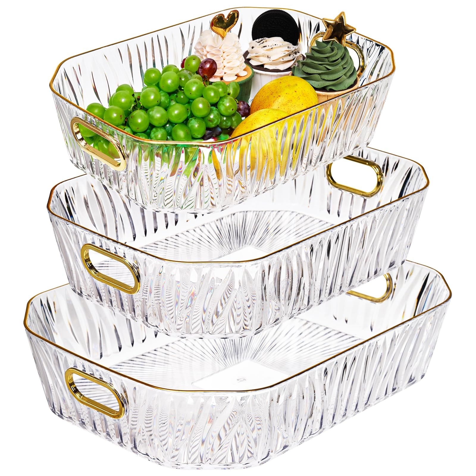 Afoxsos 3 Pack Clear Serving Tray Set with Handles PET Material Gold Rim Spill Proof Easy Clean for Fruit Snack Breakfast Kitchen Countertop Organizer #LAF0424N47