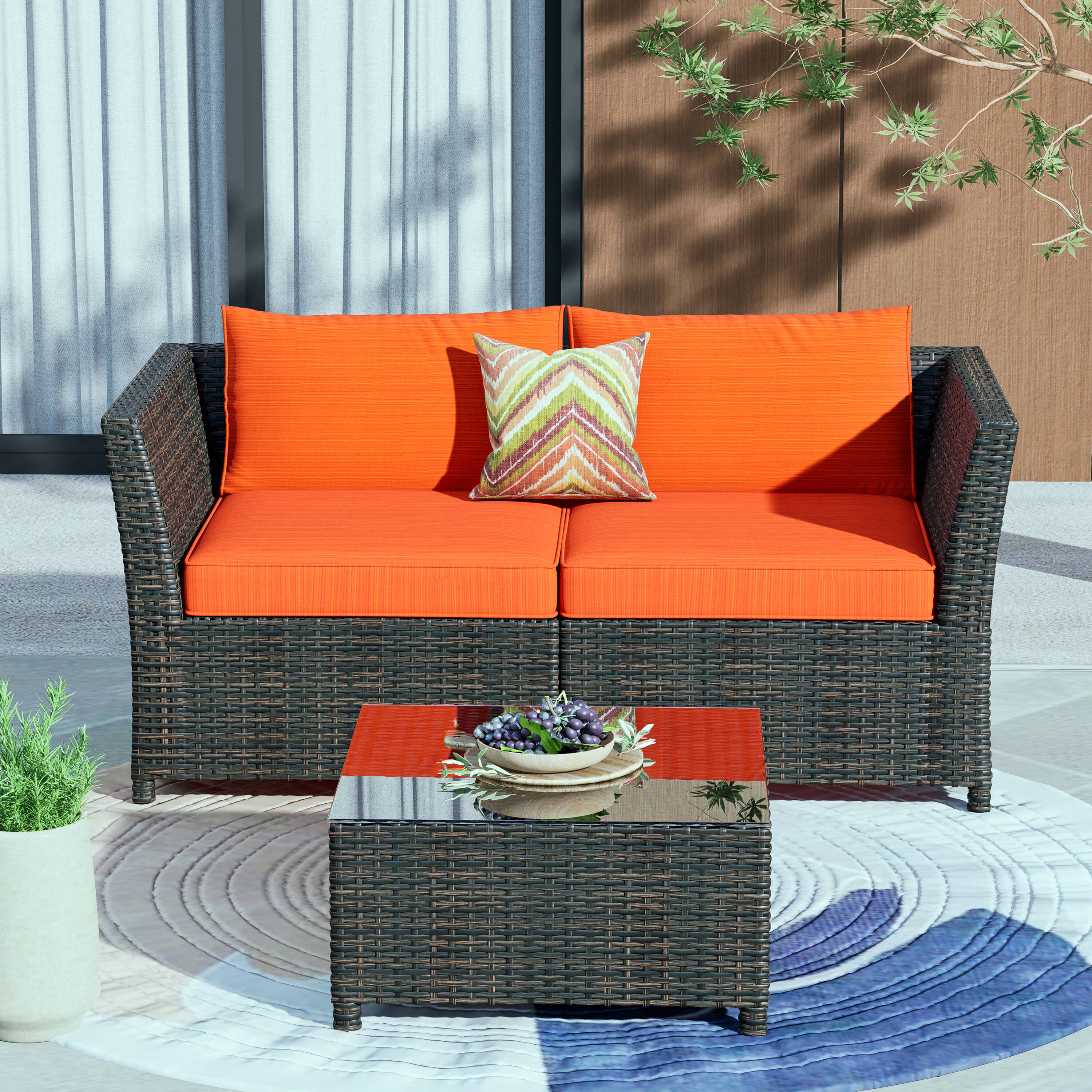 Pouuin SRSA801 3-Piece Rattan Patio Conversation Set with Orange Cushions