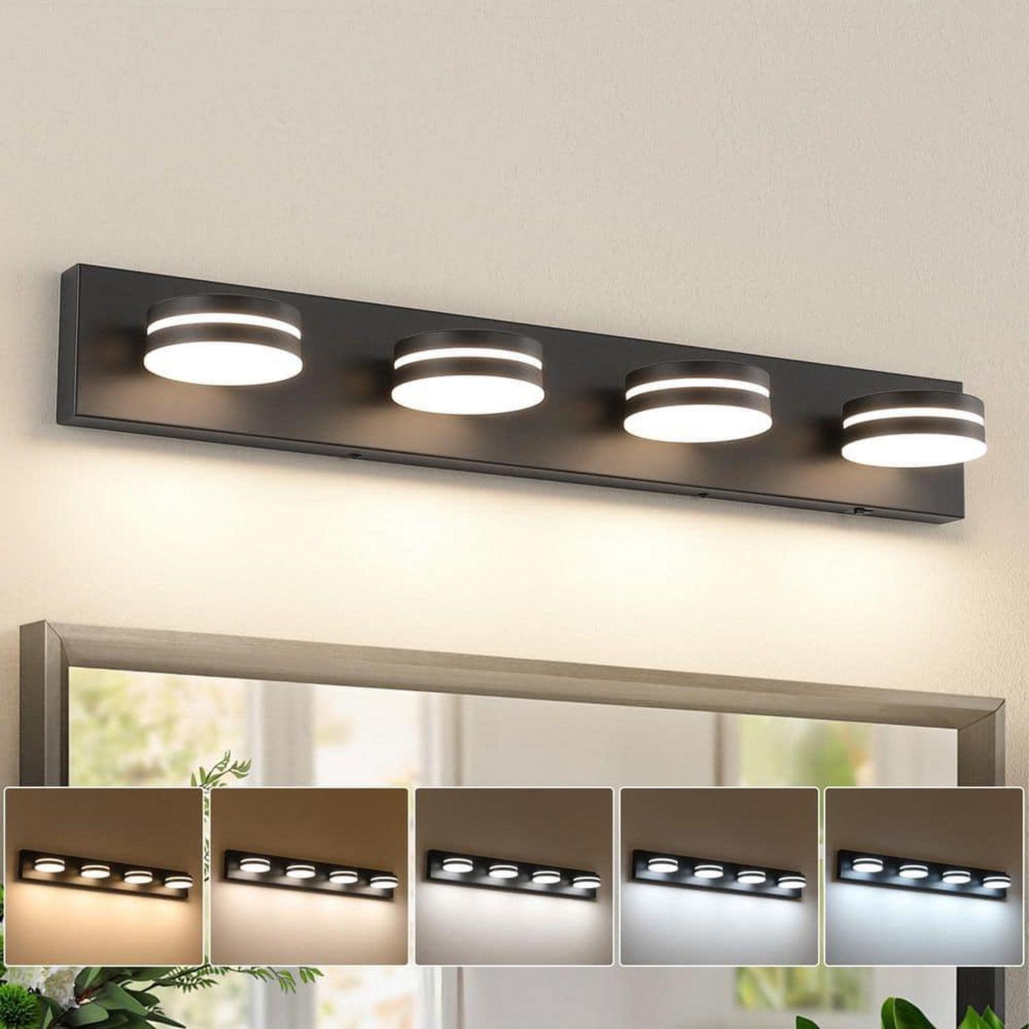 GIBUOD Modern 29.9 in. 4-Light LED Vanity Light Matte Black with 5CCT Selectable Dimmable Adjustable Heads Bathroom Light Fixture