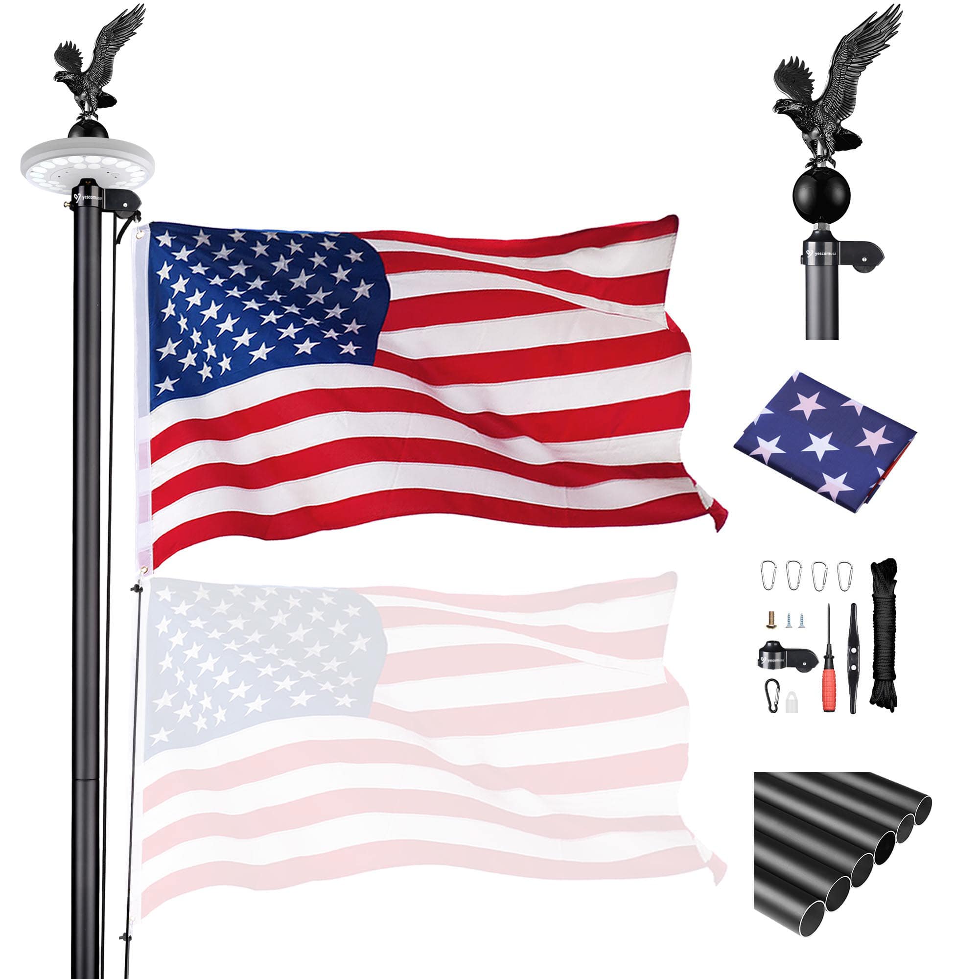 Yescom 22FLPSET043-20-06-LO Bravery 20Ft Eagle Topper In Ground Flag Pole for Outside House with 26 LED Solar Light Black