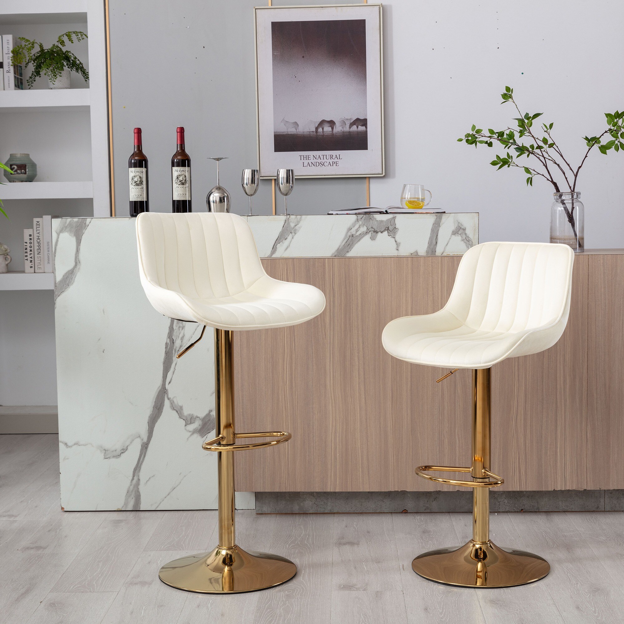 HyperDrop Cart Ivory Velvet Swivel Bar Stools with Adjustable Lift and ...