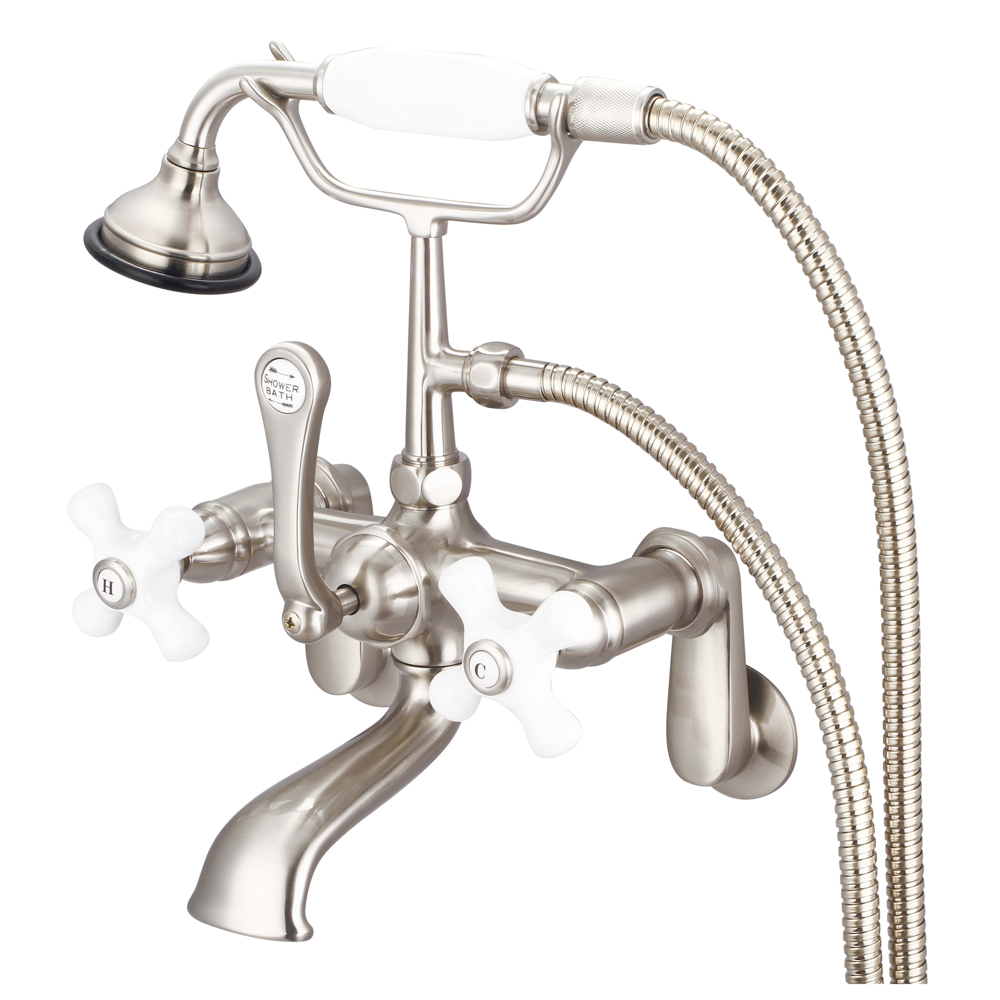 Water Creation F6-0009-02-PX F6 Brushed Nickel 3-handle Wall-mount Waterfall Bathtub Faucet with Hand Shower ( Valve Included )