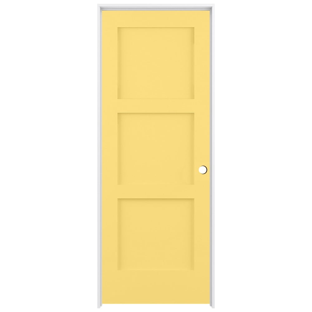 RELIABILT LO1369410 32-in x 80-in Marigold Solid core 3-panel square Left hand Smooth Prefinished Pine Wood Flat Jamb Single Prehung Interior Door